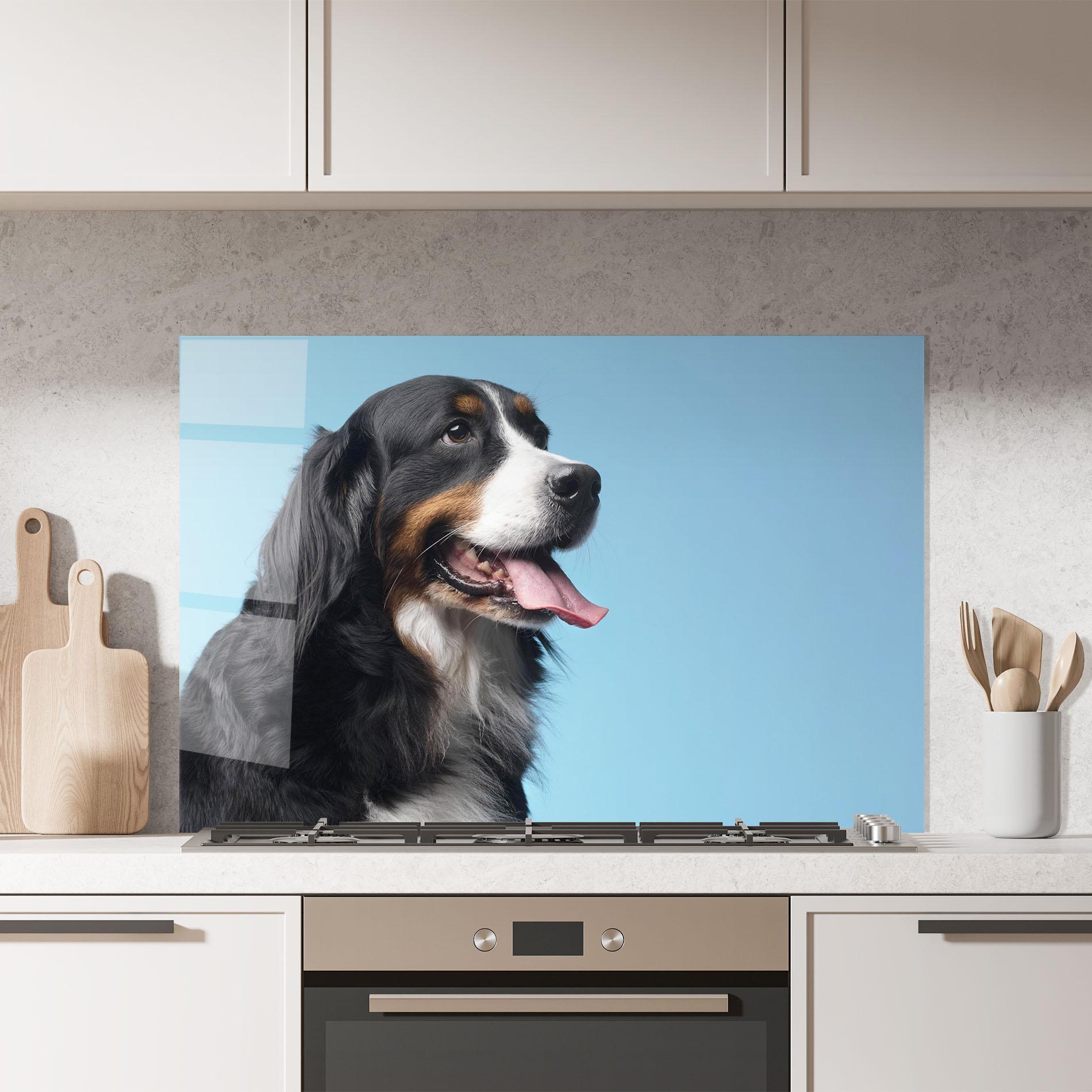 Konyhai üveg hátfal Dog On Blue mockup 7