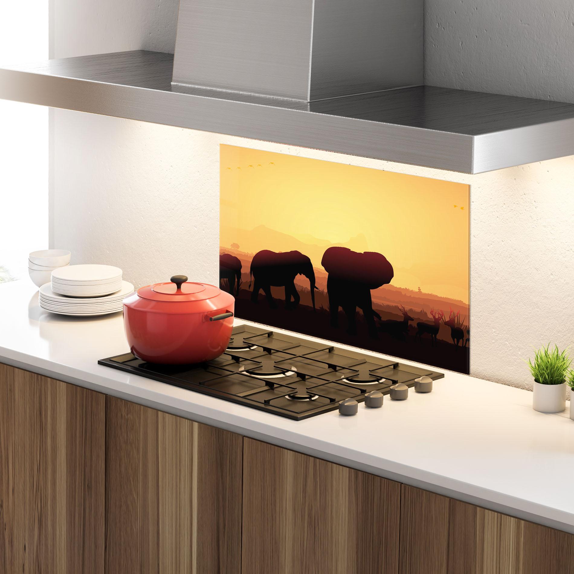Konyhai üveg hátfal Elephant Shilouette Sunset mockup 4
