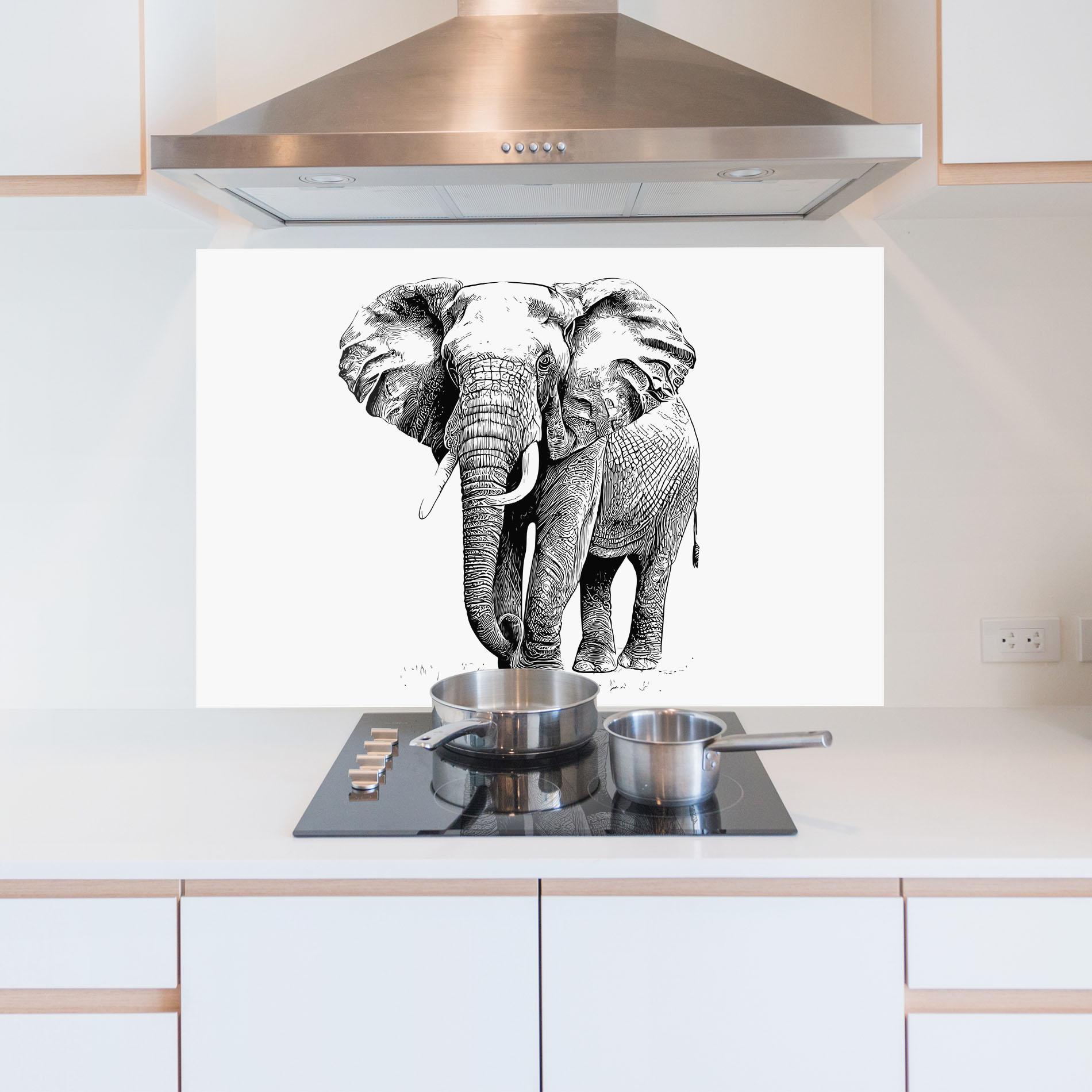 Konyhai üveg hátfal Black Lines Elephant mockup 5