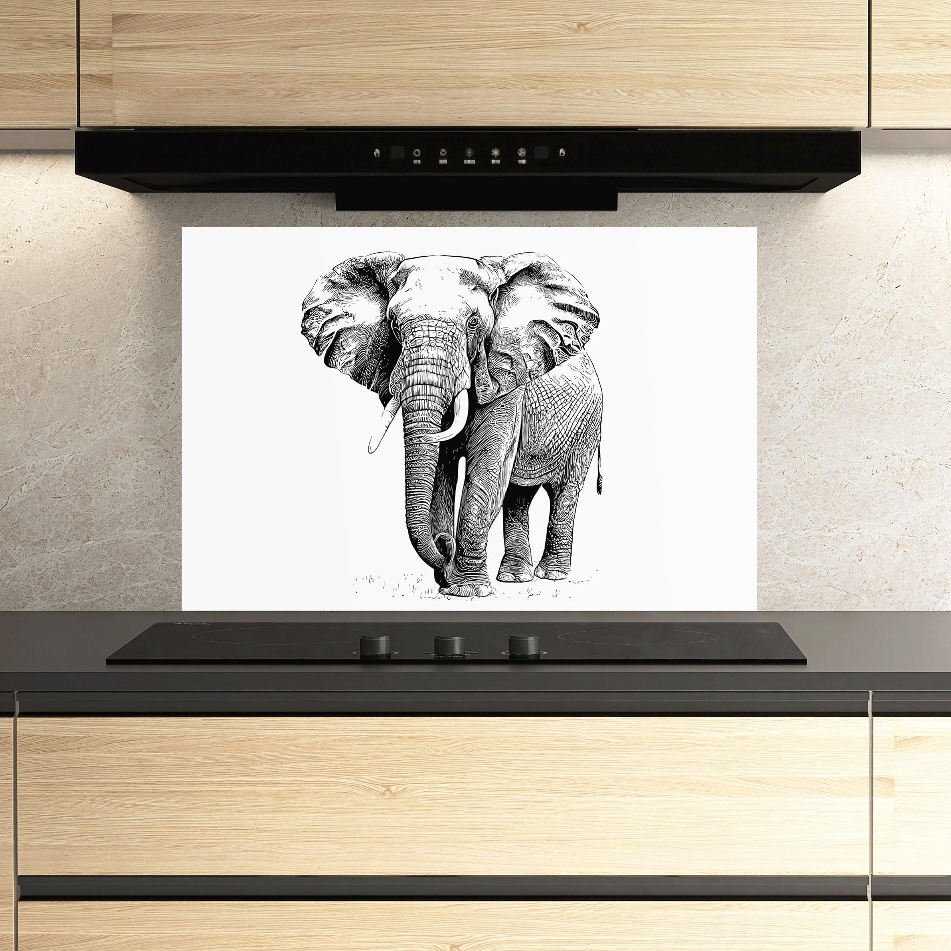 Konyhai üveg hátfal Black Lines Elephant mockup 3
