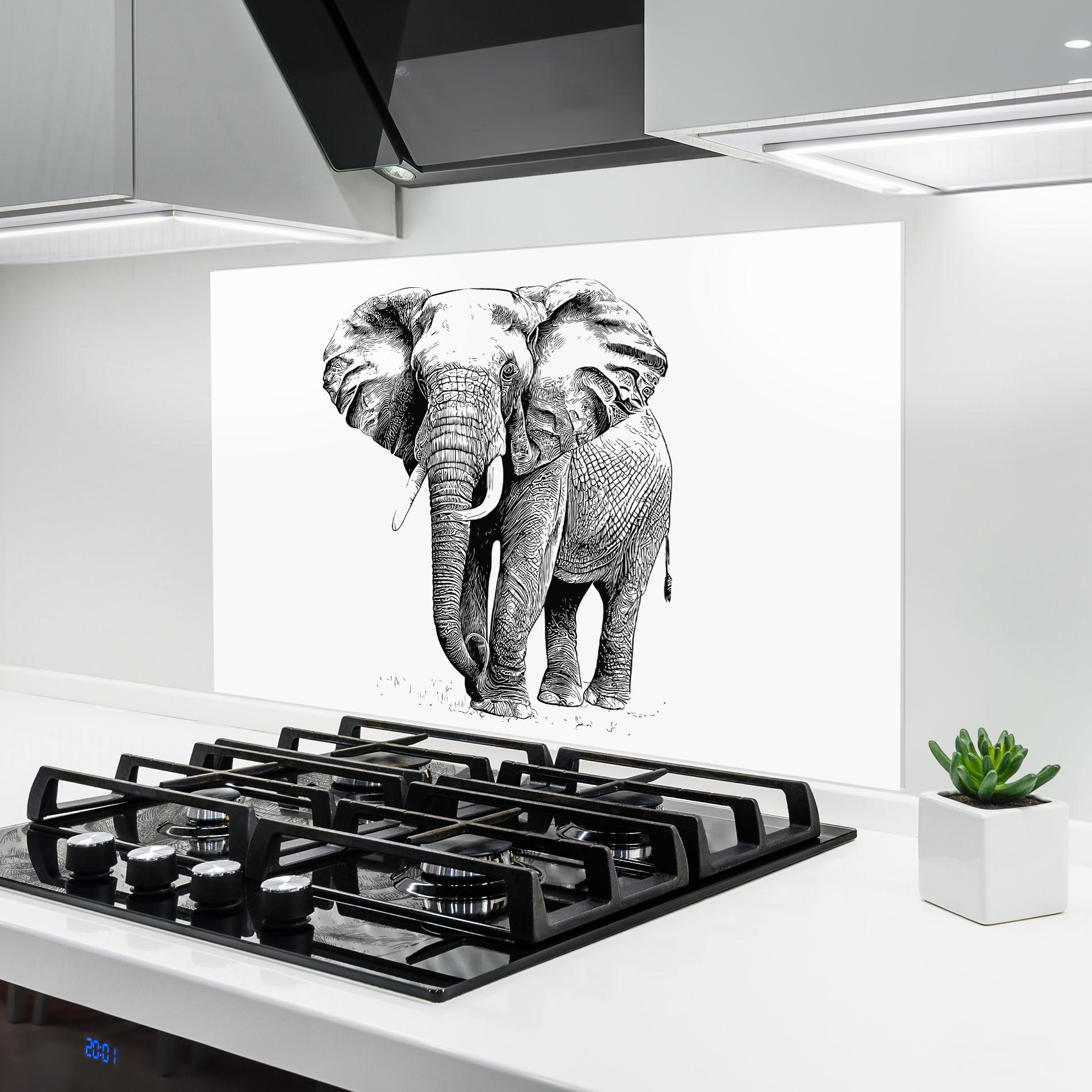 Konyhai üveg hátfal Black Lines Elephant mockup 6