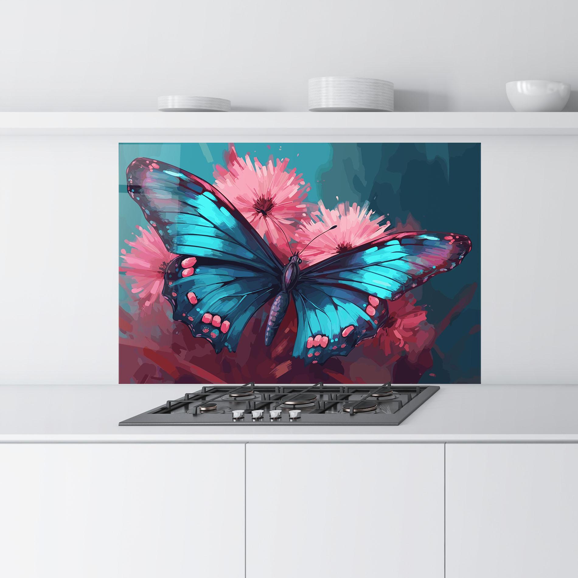 Konyhai üveg hátfal Blue Butterfly On Pink mockup 9