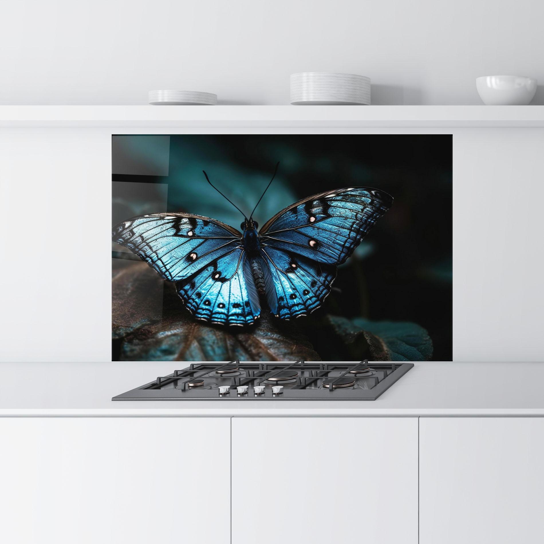 Konyhai üveg hátfal Dark Blue Buterfly mockup 9