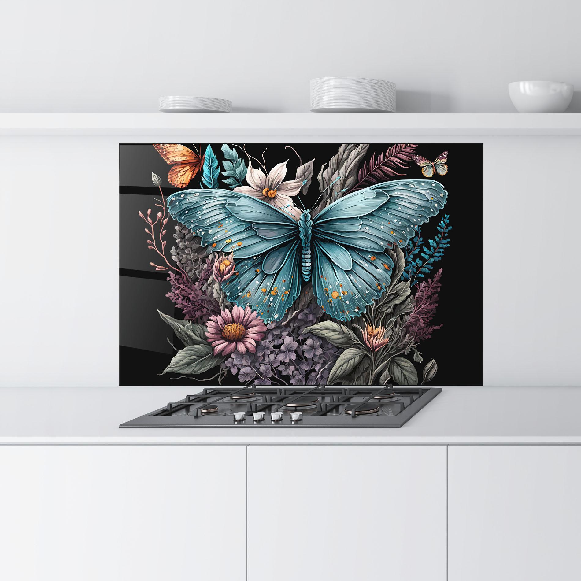 Konyhai üveg hátfal Pretty Blue Butterfly mockup 9