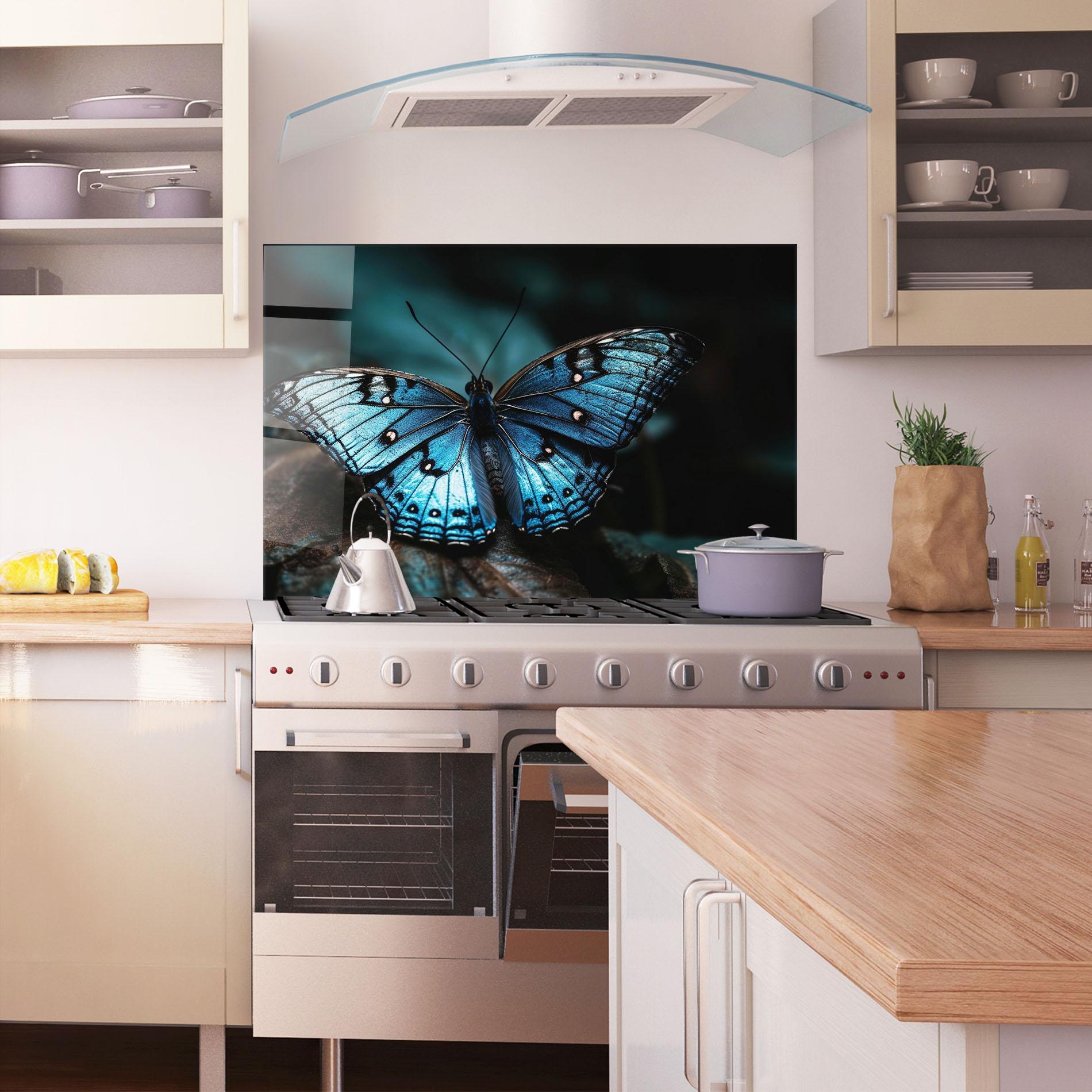 Konyhai üveg hátfal Dark Blue Buterfly mockup 1