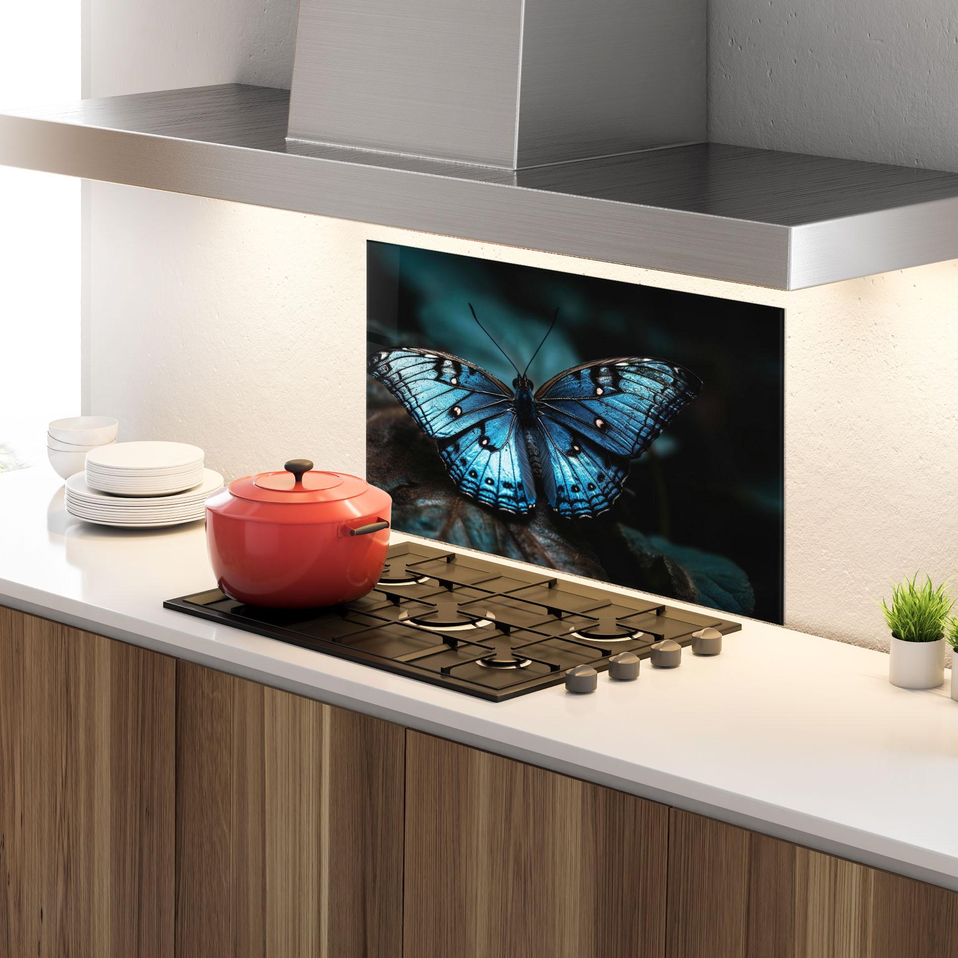 Konyhai üveg hátfal Dark Blue Buterfly mockup 4