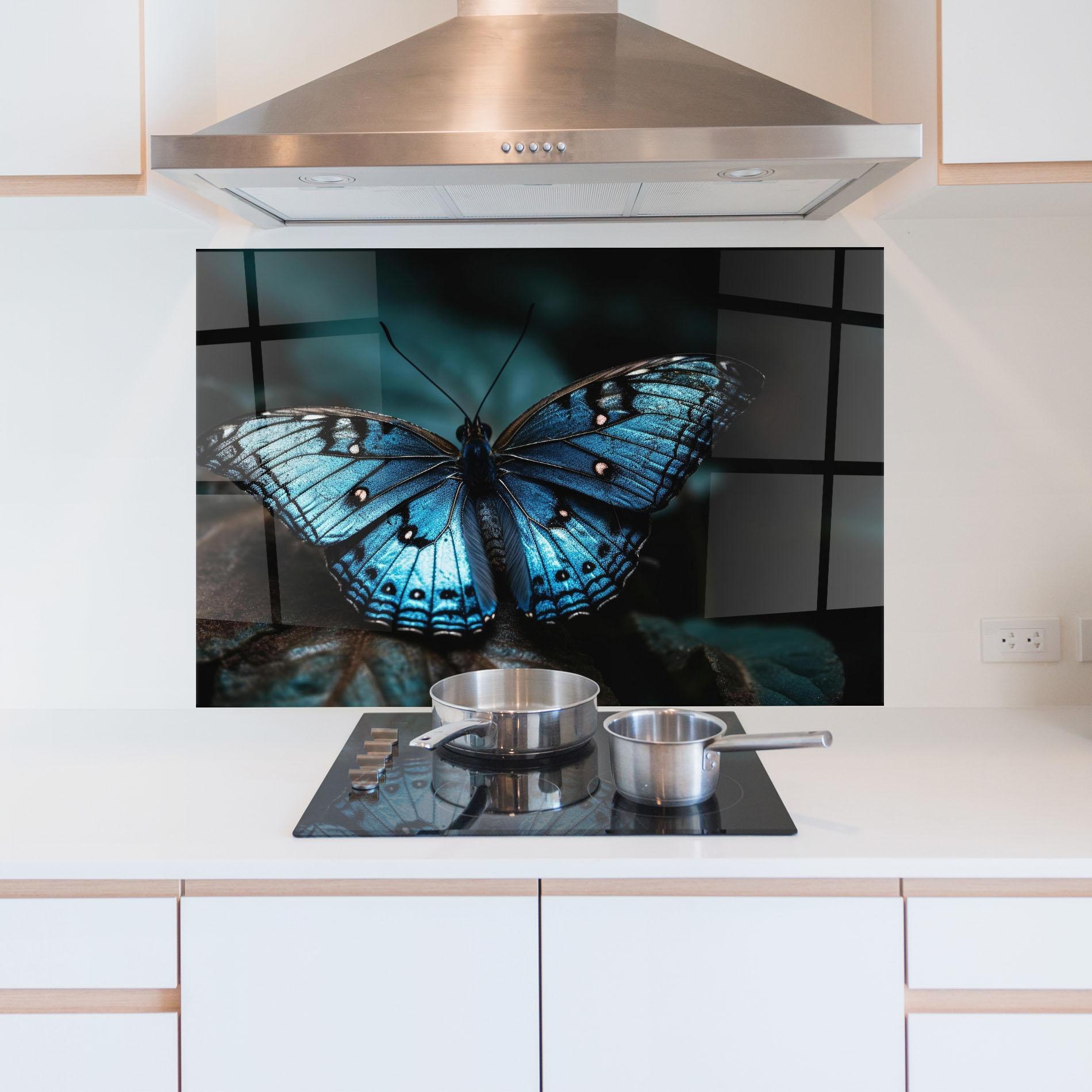Konyhai üveg hátfal Dark Blue Buterfly mockup 5