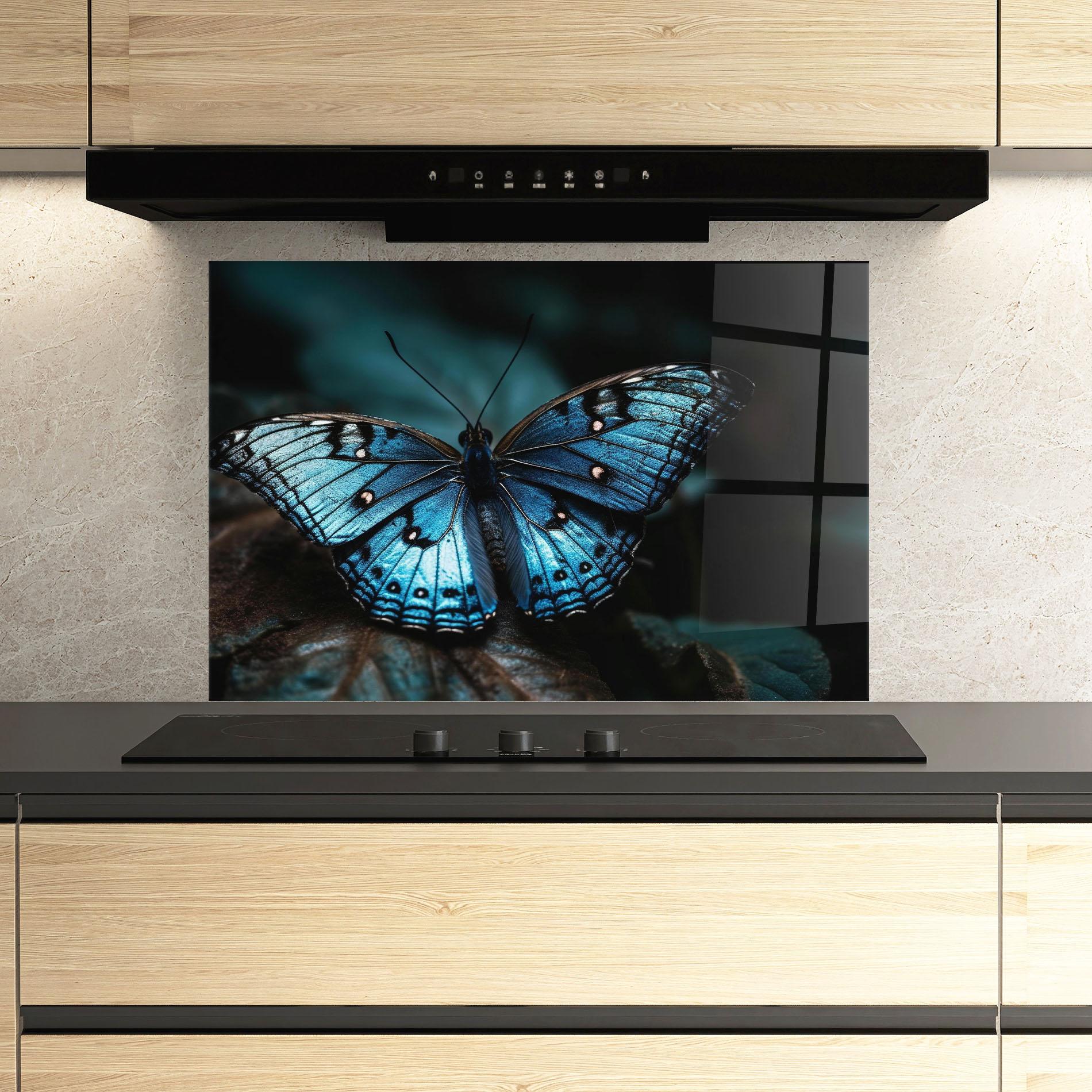 Konyhai üveg hátfal Dark Blue Buterfly mockup 3