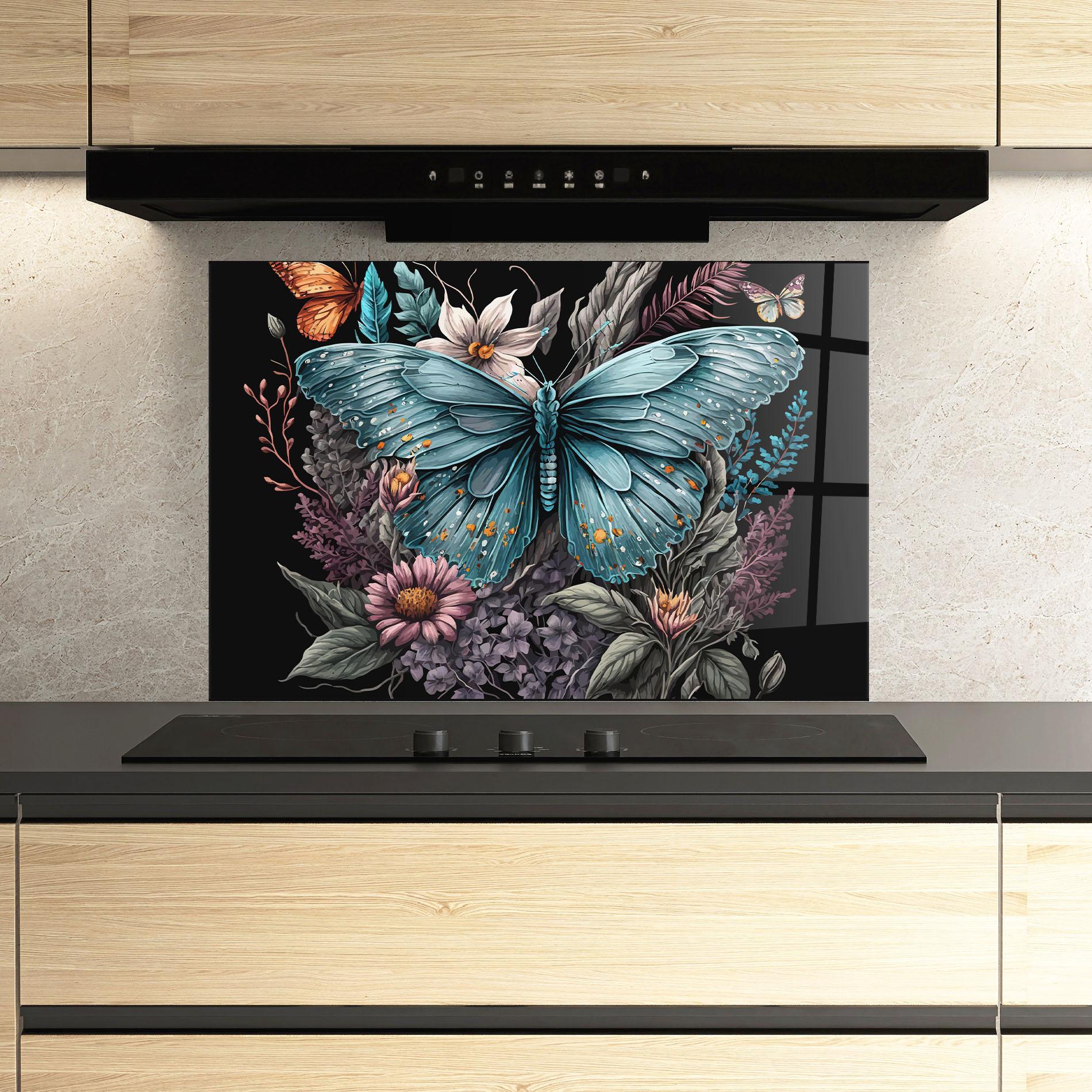 Konyhai üveg hátfal Pretty Blue Butterfly mockup 3