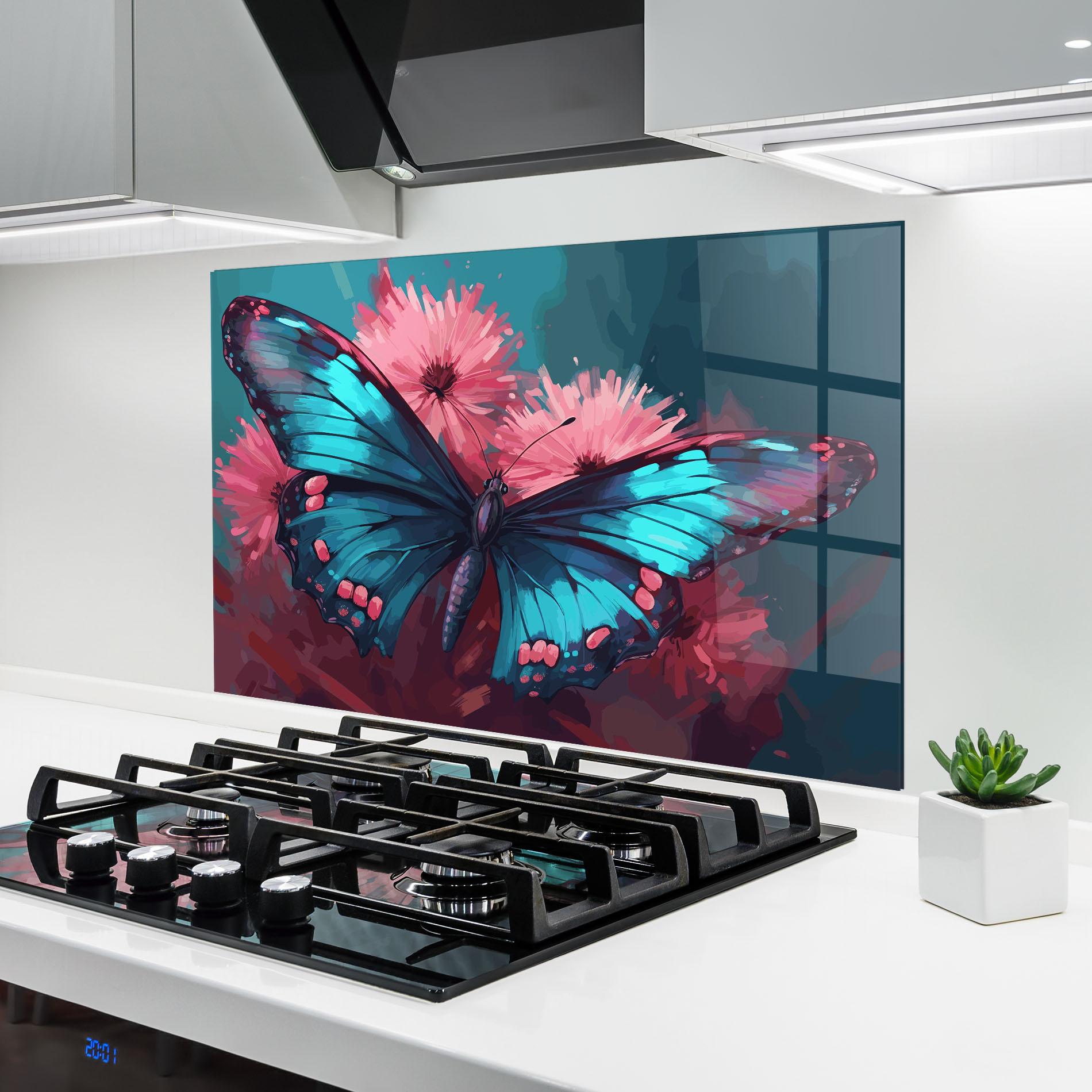 Konyhai üveg hátfal Blue Butterfly On Pink mockup 6