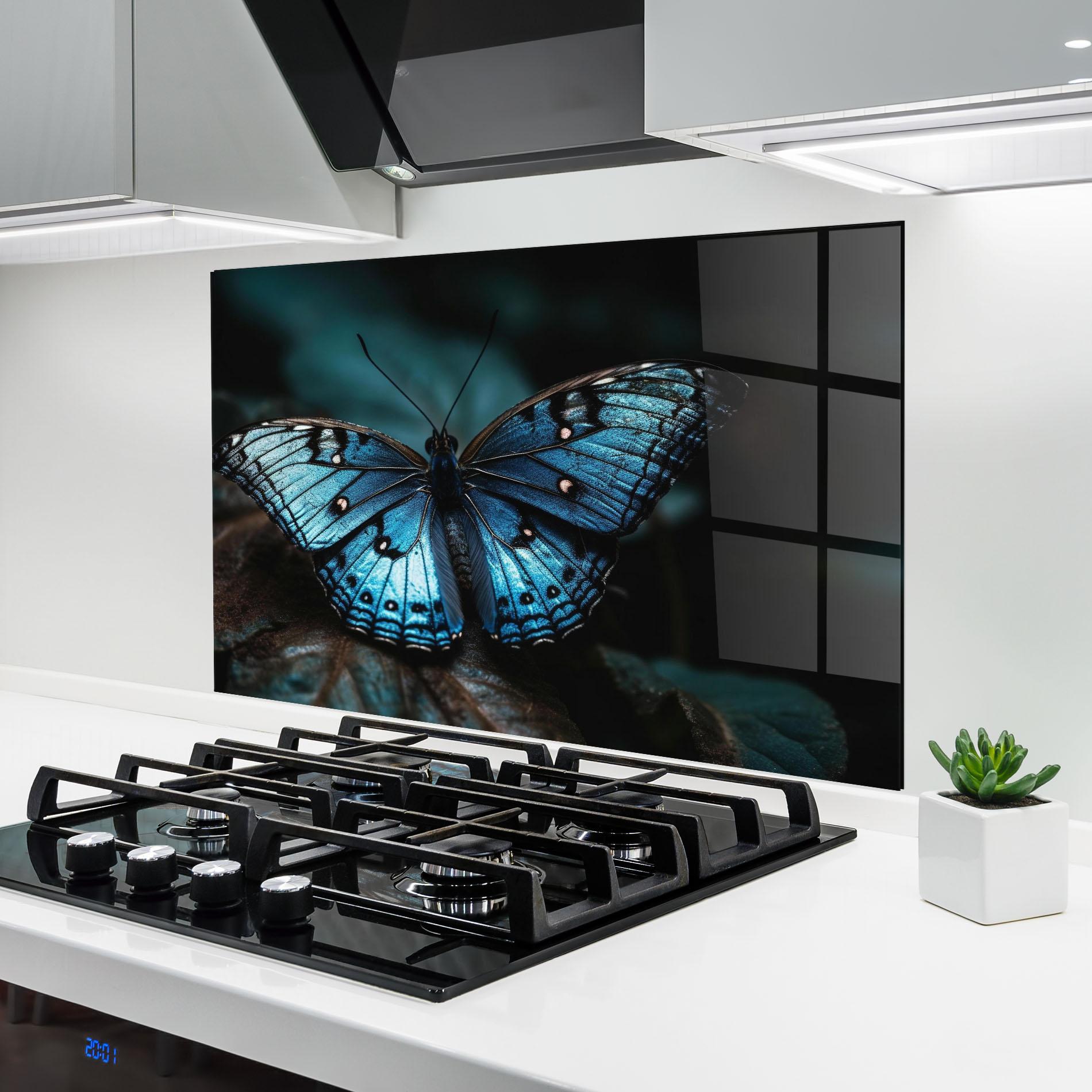Konyhai üveg hátfal Dark Blue Buterfly mockup 6