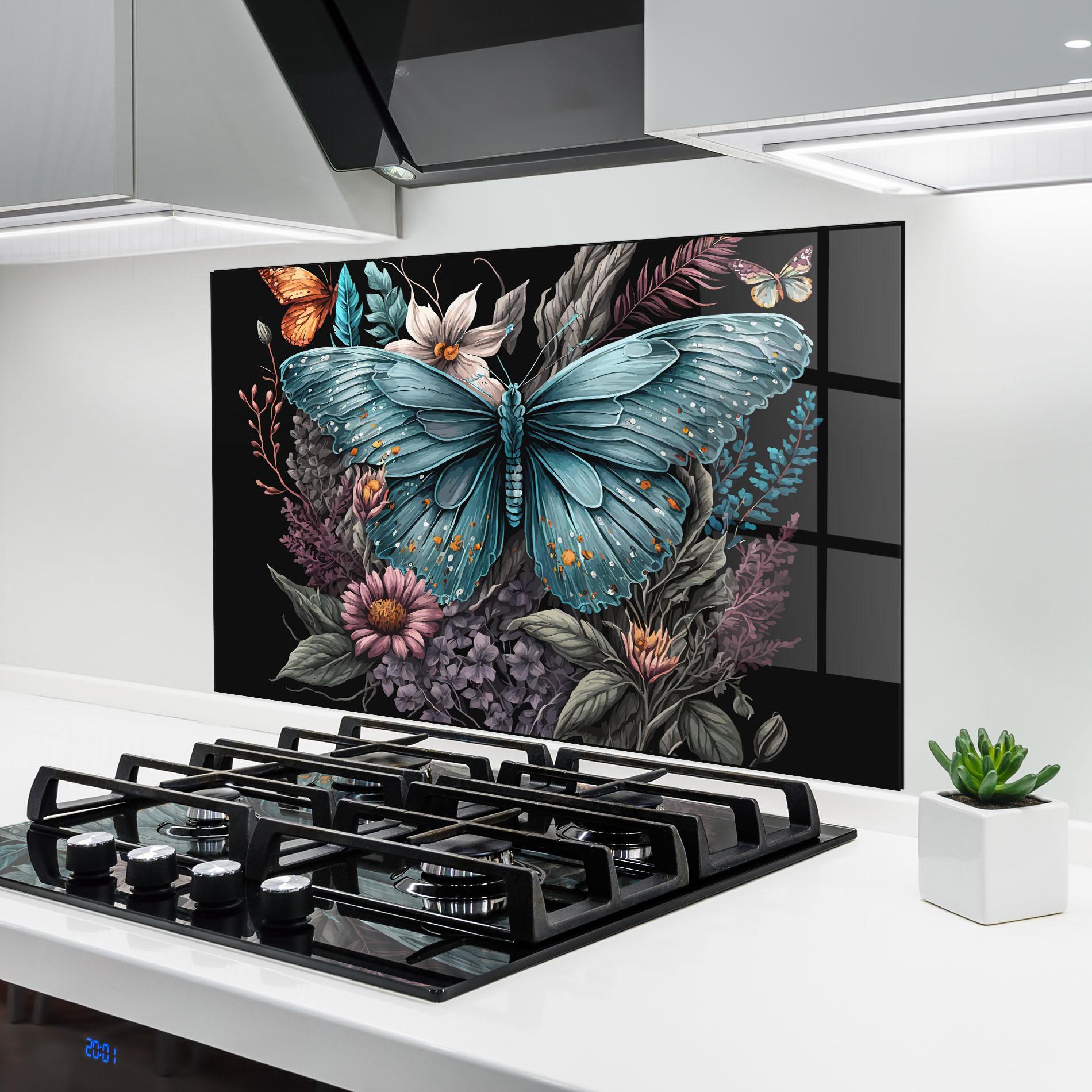 Konyhai üveg hátfal Pretty Blue Butterfly mockup 6
