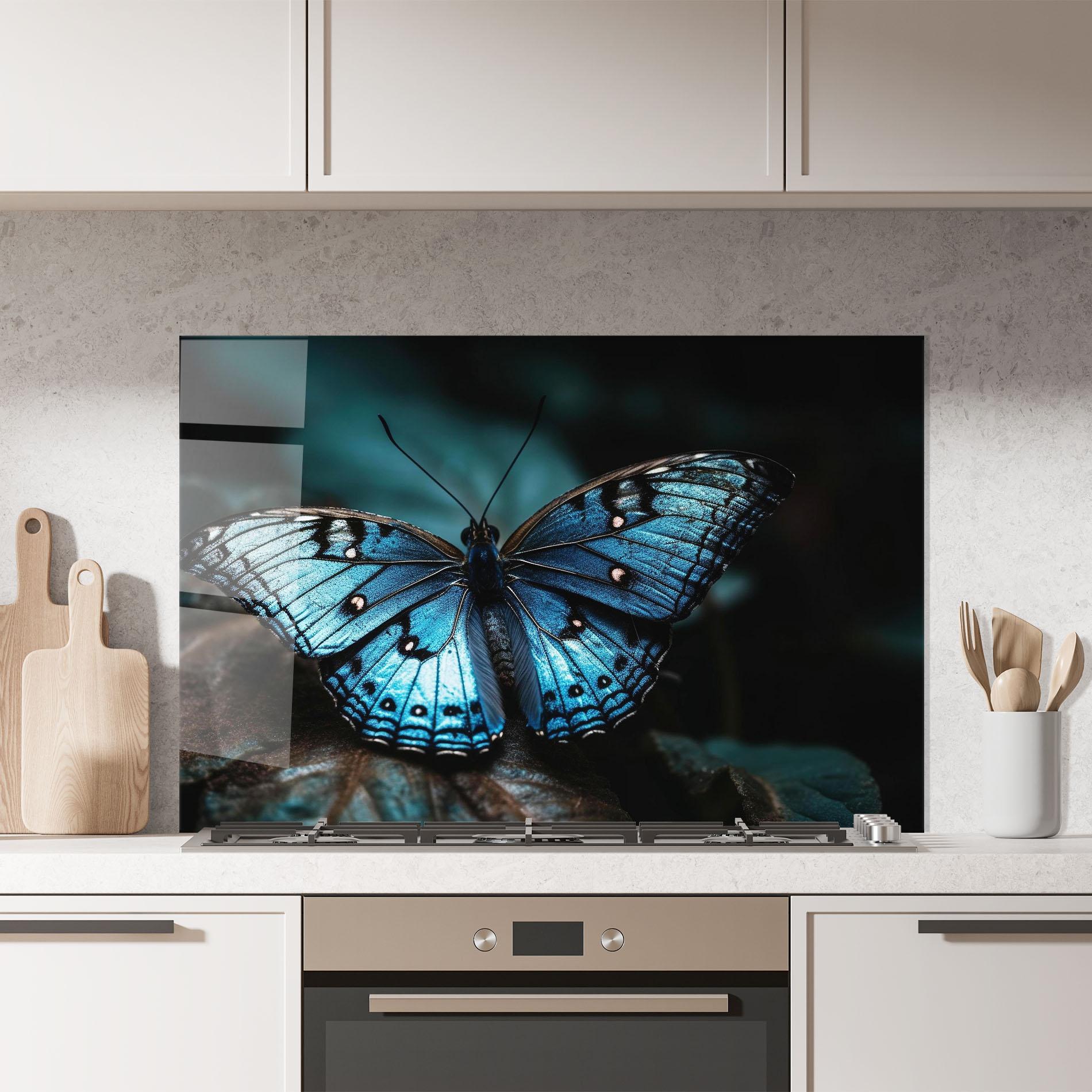 Konyhai üveg hátfal Dark Blue Buterfly mockup 7