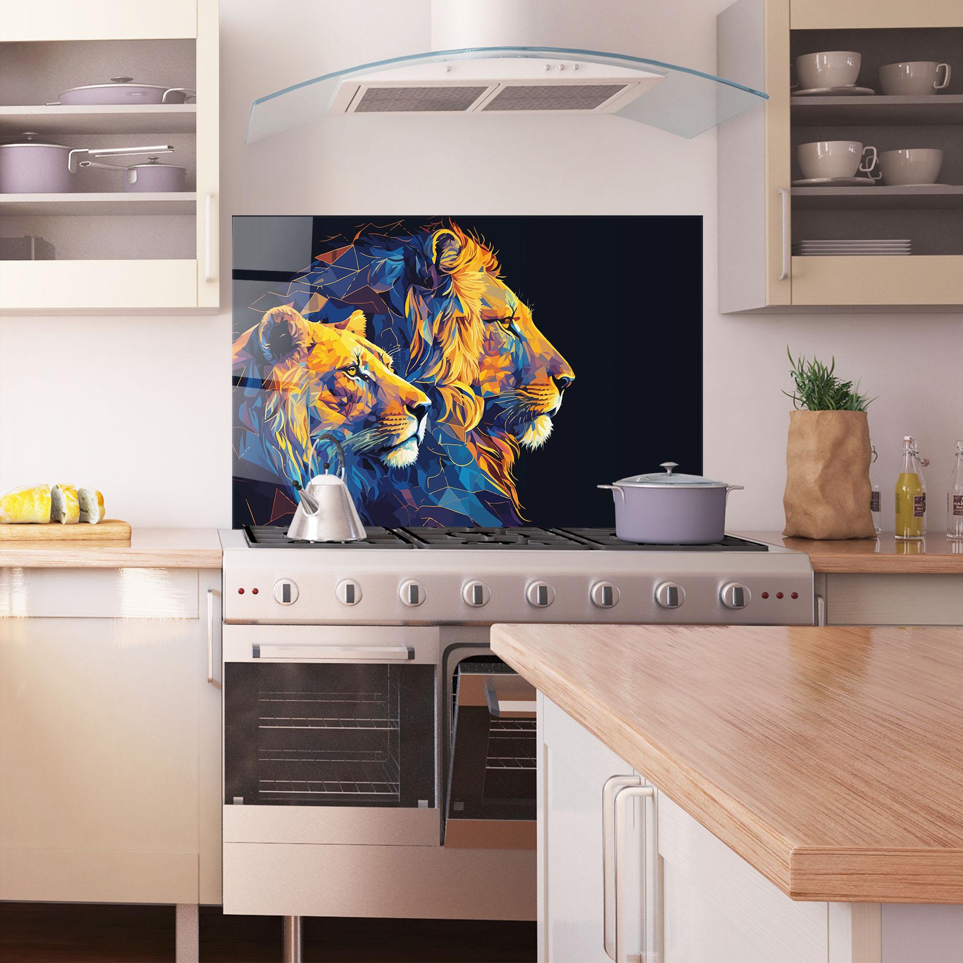 Konyhai üveg hátfal Orange Blue Lion mockup 1