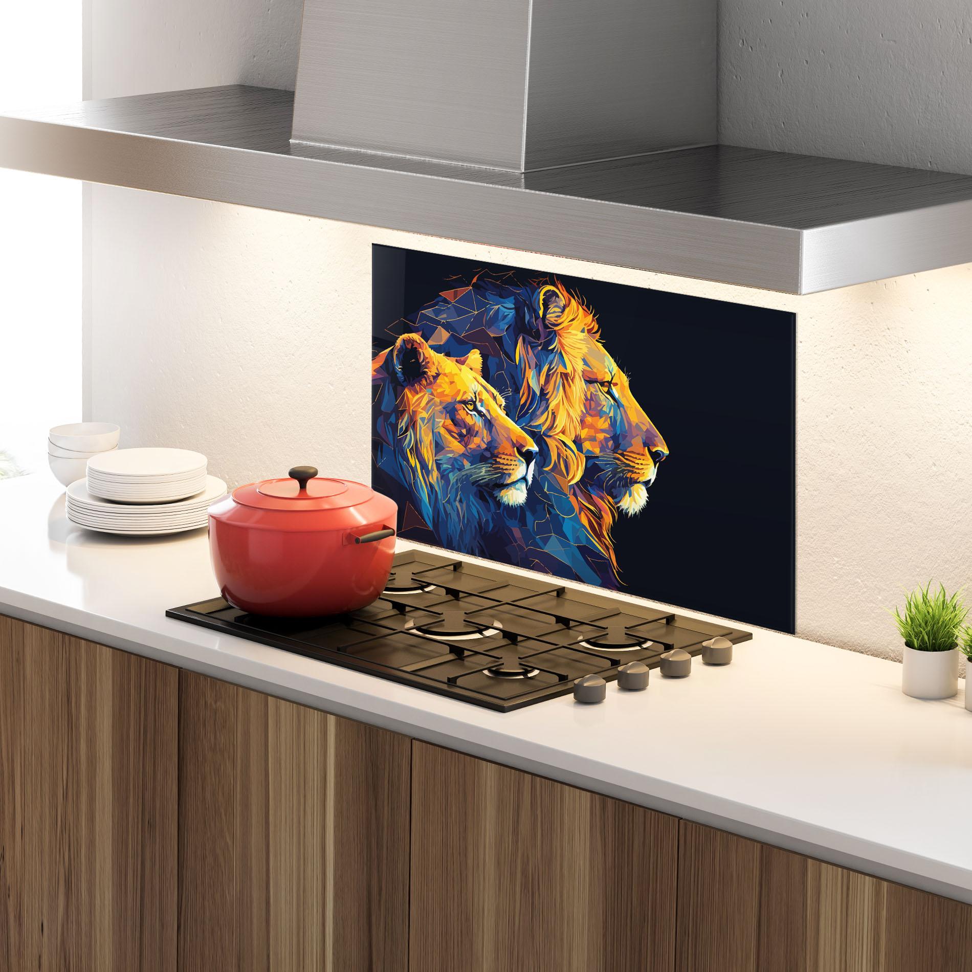 Konyhai üveg hátfal Orange Blue Lion mockup 4