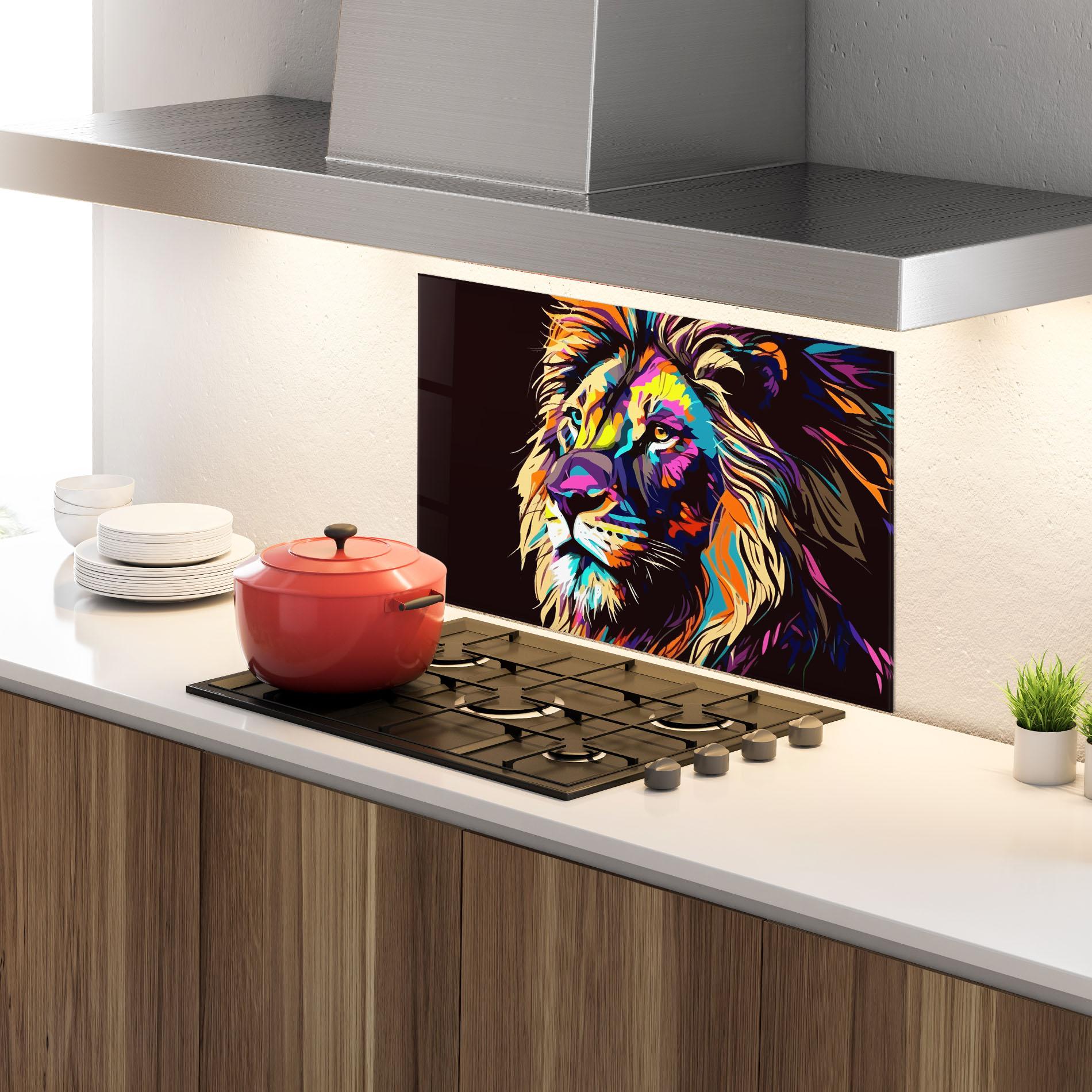 Konyhai üveg hátfal Purple Orange Lion mockup 4
