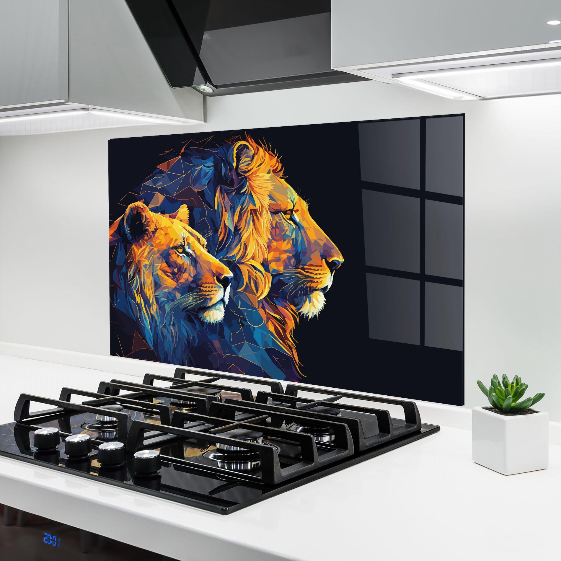 Konyhai üveg hátfal Orange Blue Lion mockup 6