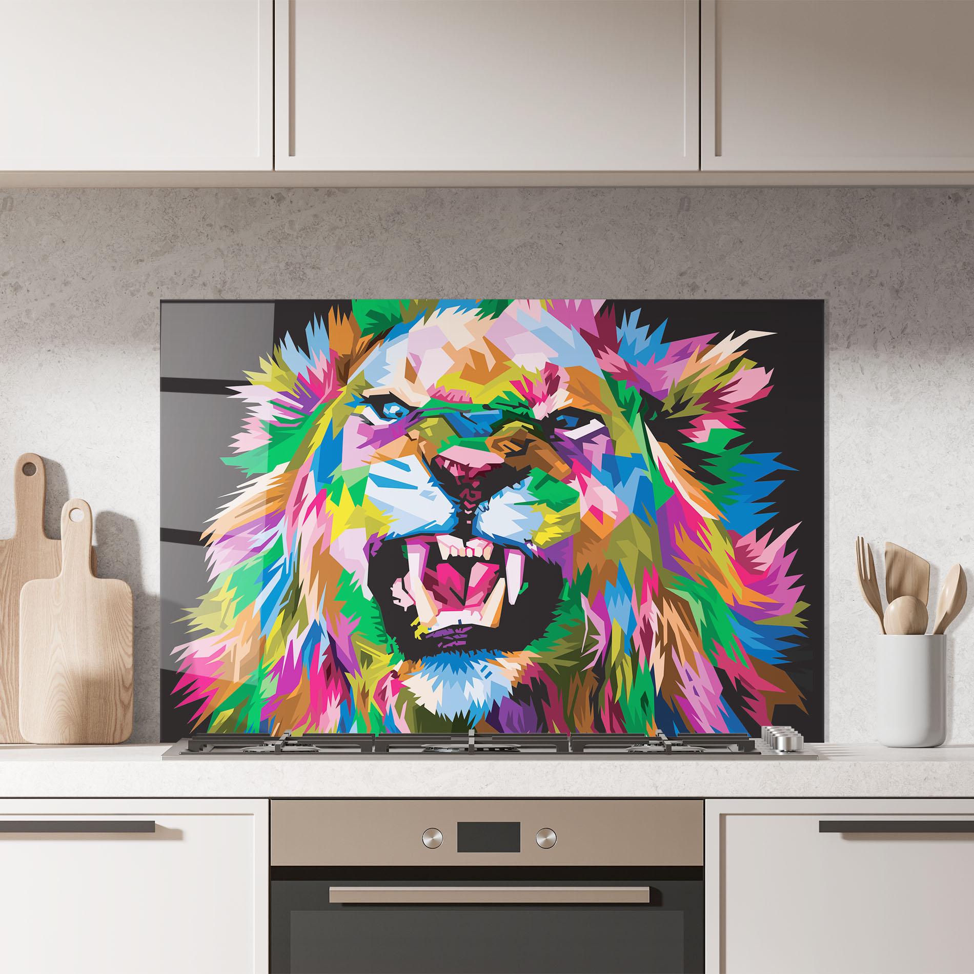 Konyhai üveg hátfal Angry Lion Eyes mockup 7