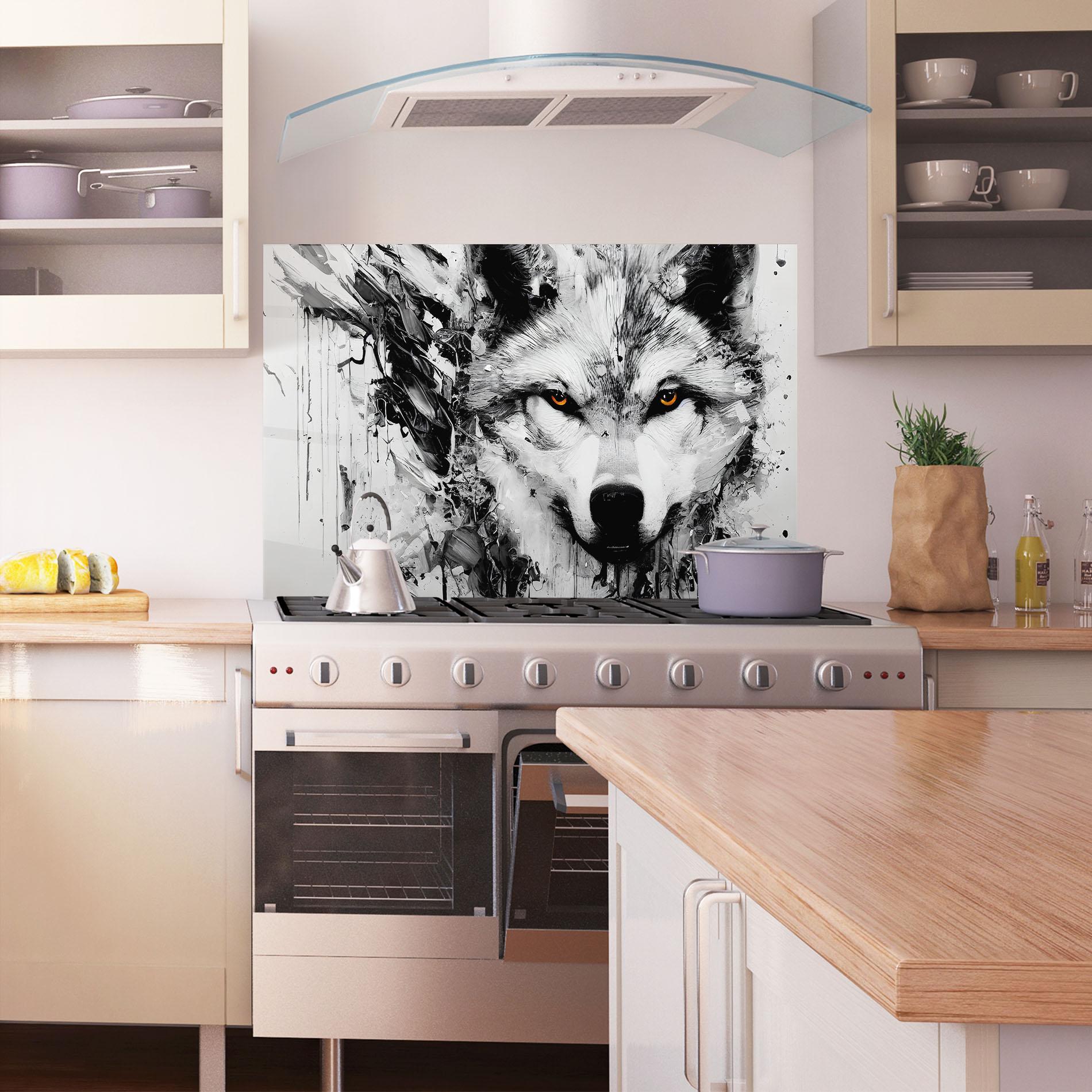 Konyhai üveg hátfal Grey Wolf Portrait mockup 1