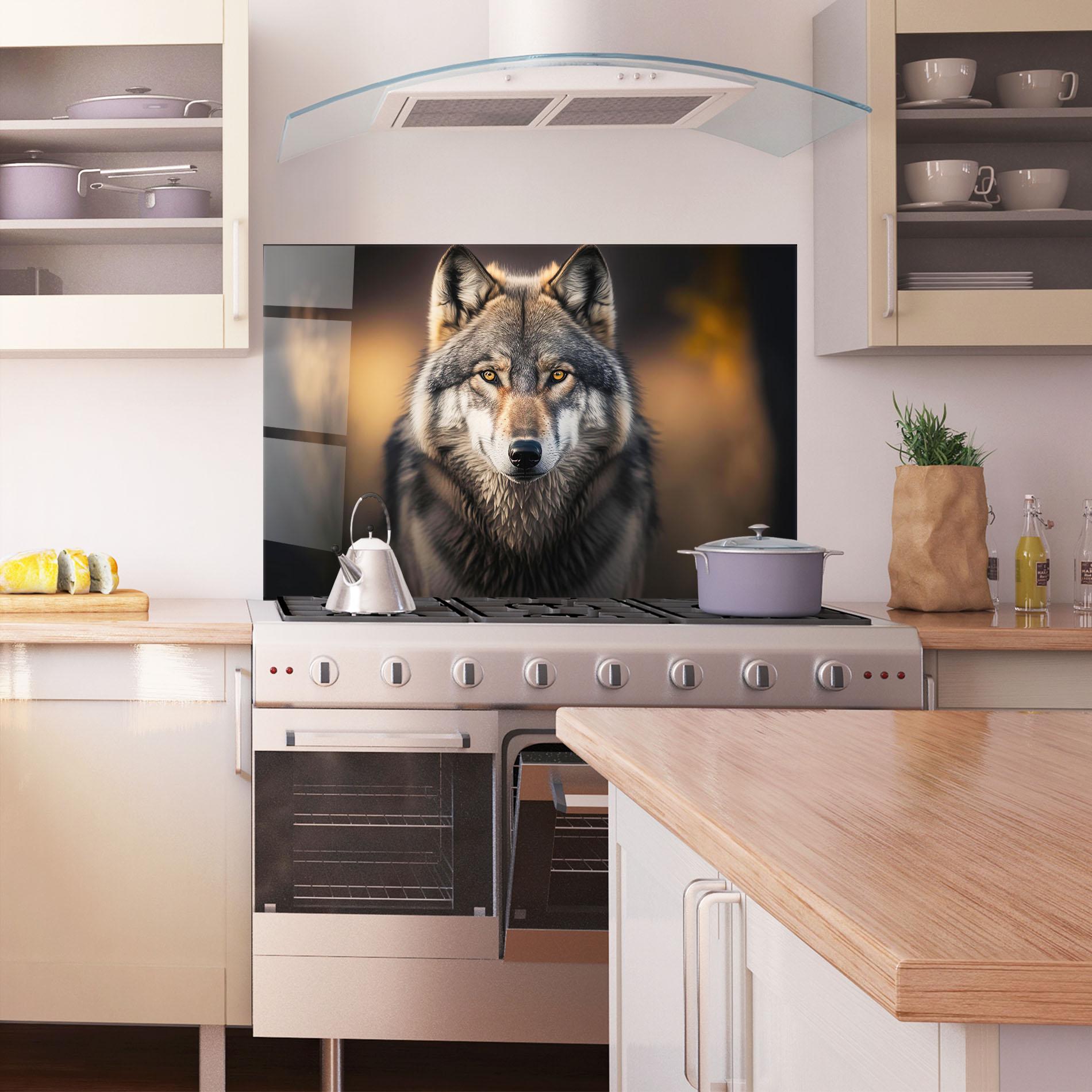 Konyhai üveg hátfal Wild Gray Wolf mockup 1