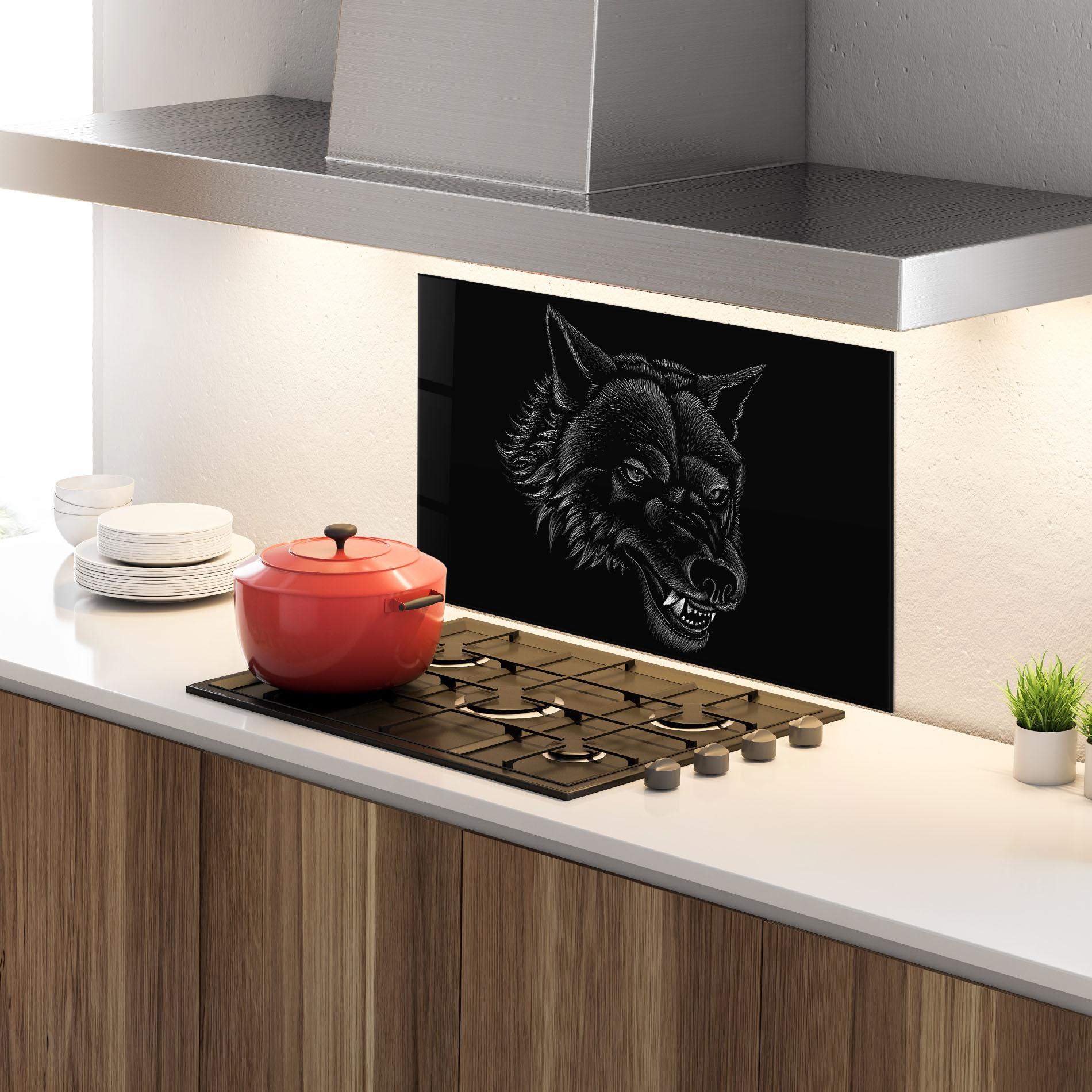 Konyhai üveg hátfal Angry Wolf Face mockup 4