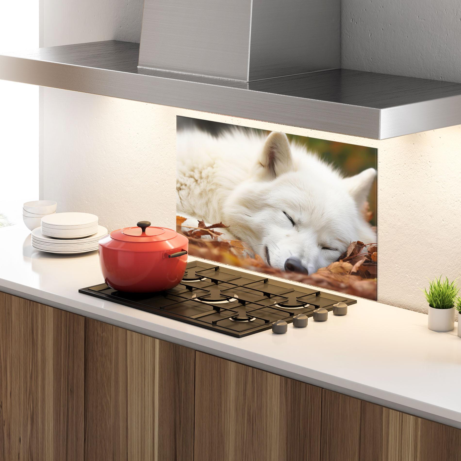 Konyhai üveg hátfal White Wolf Sleeping mockup 4