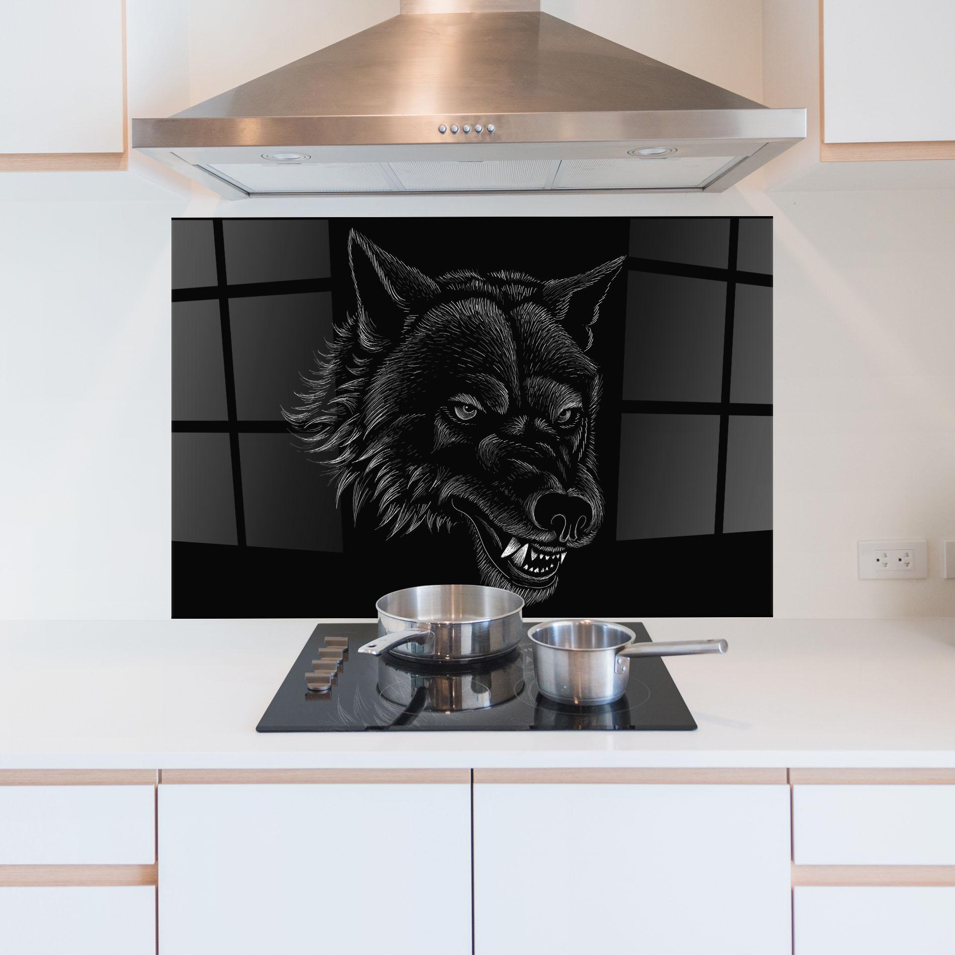 Konyhai üveg hátfal Angry Wolf Face mockup 5