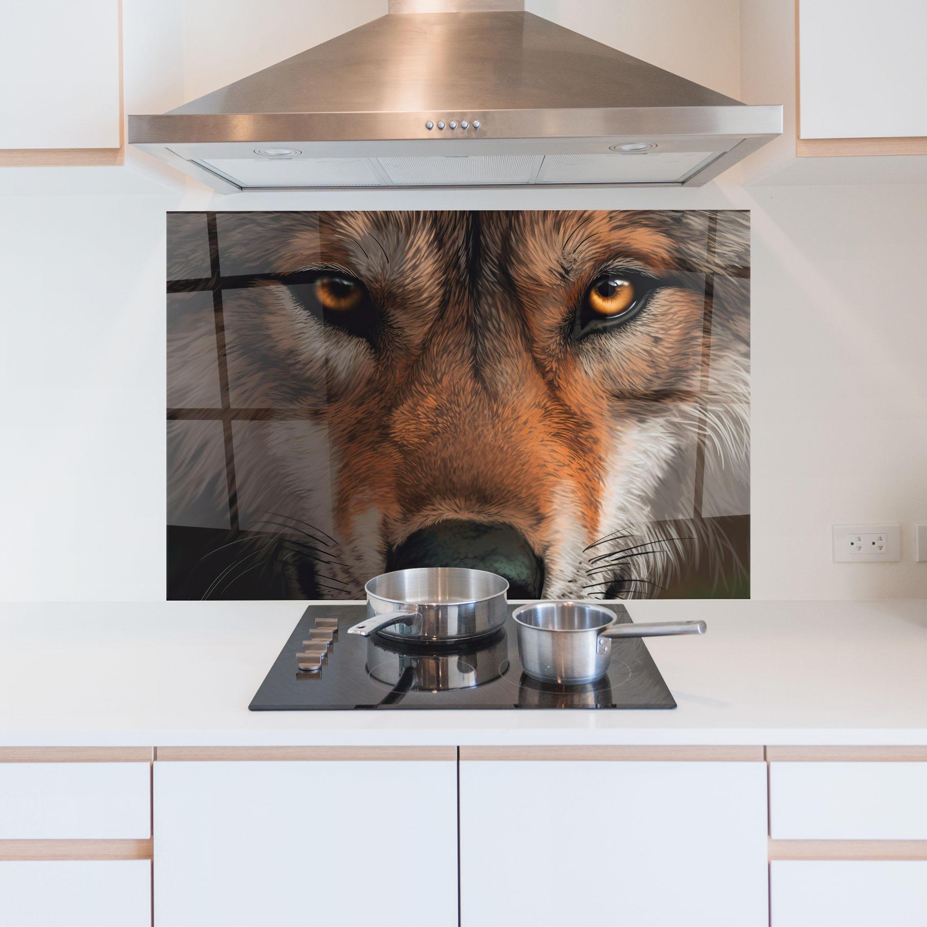 Konyhai üveg hátfal Close Up Wolf Eyes mockup 5