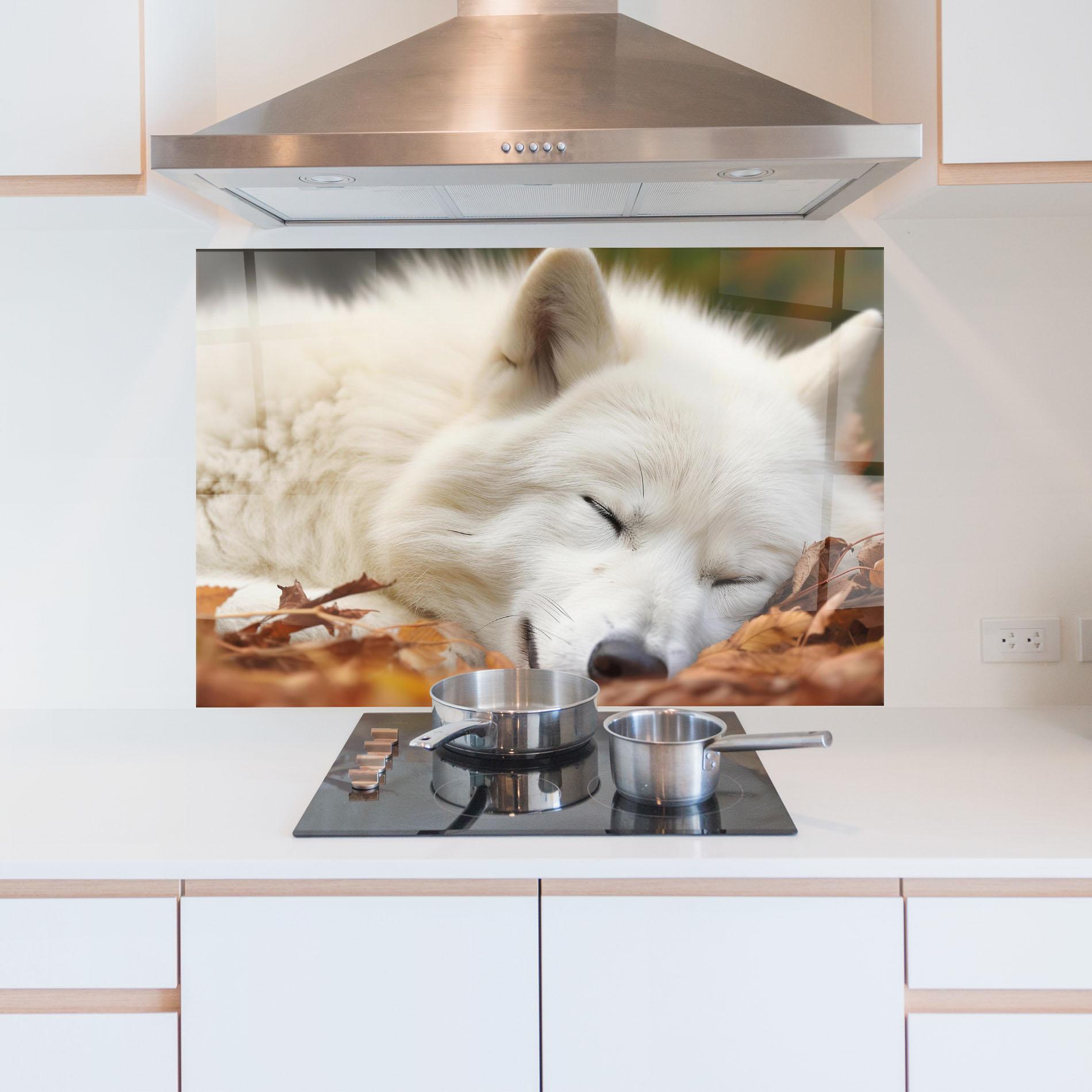 Konyhai üveg hátfal White Wolf Sleeping mockup 5
