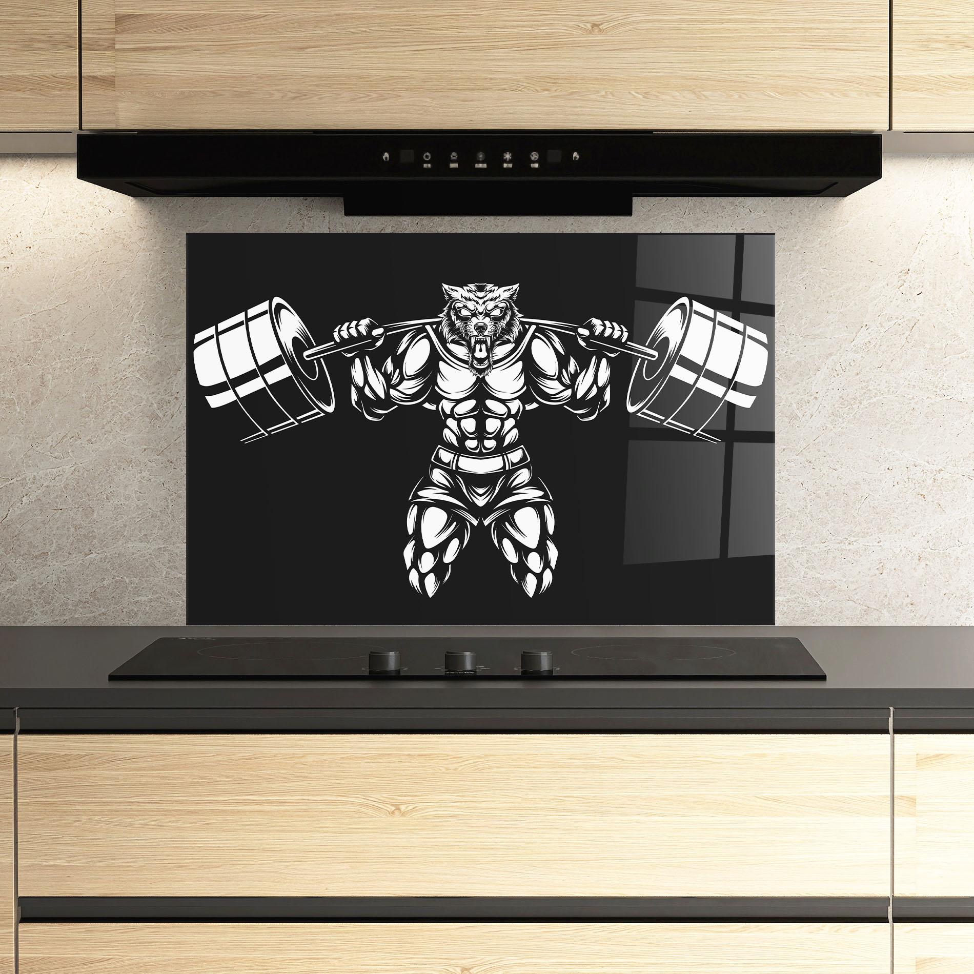 Konyhai üveg hátfal Work Out Wolf mockup 3