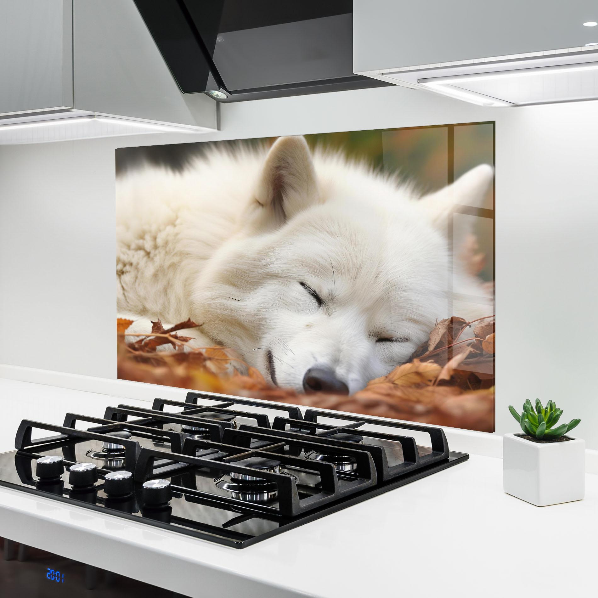 Konyhai üveg hátfal White Wolf Sleeping mockup 6