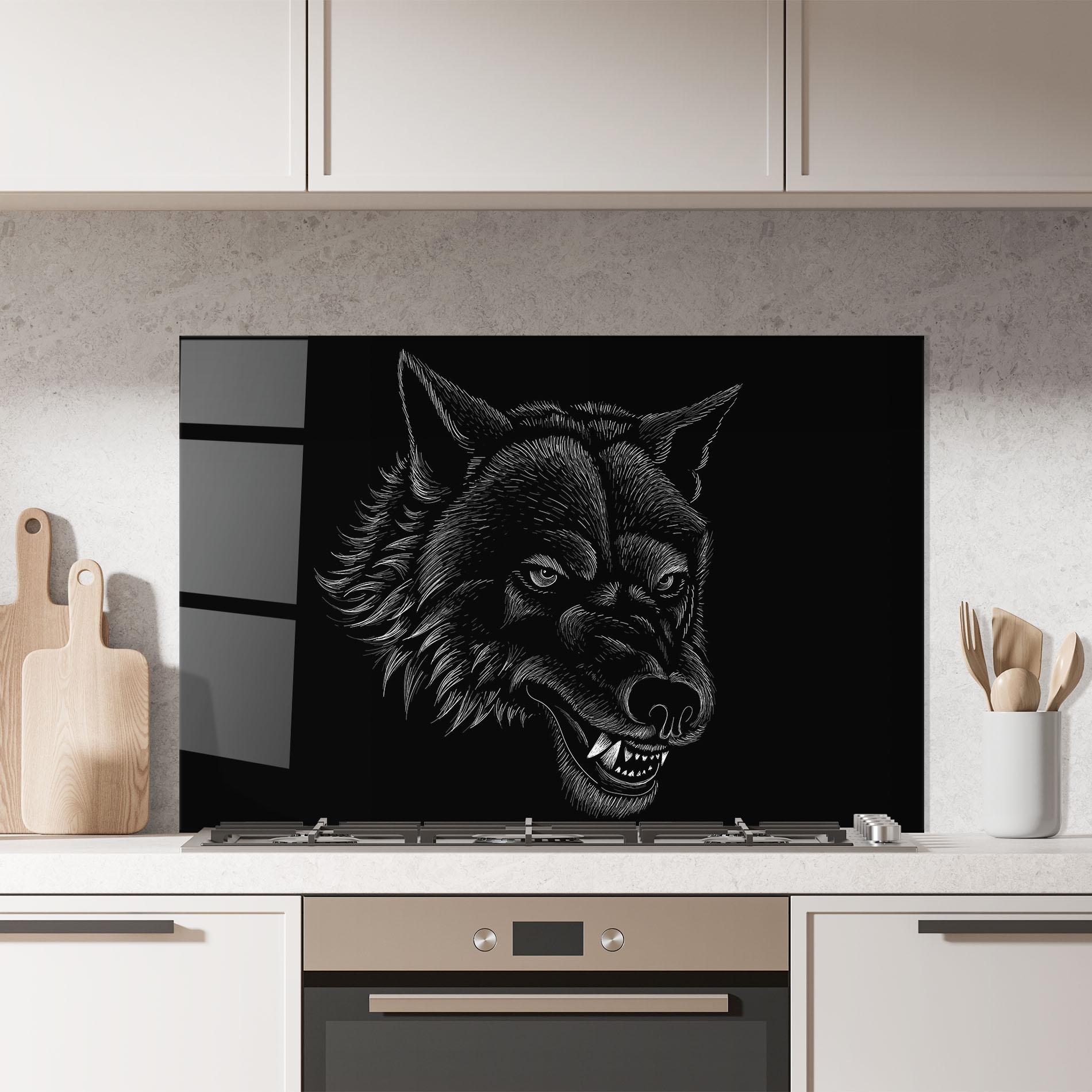 Konyhai üveg hátfal Angry Wolf Face mockup 7