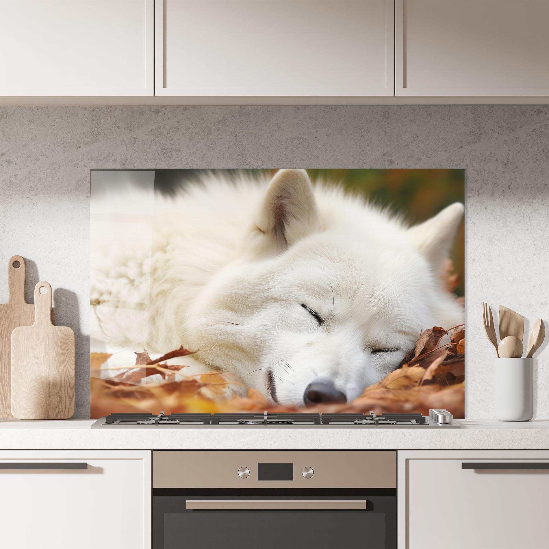 Konyhai üveg hátfal White Wolf Sleeping mockup 7