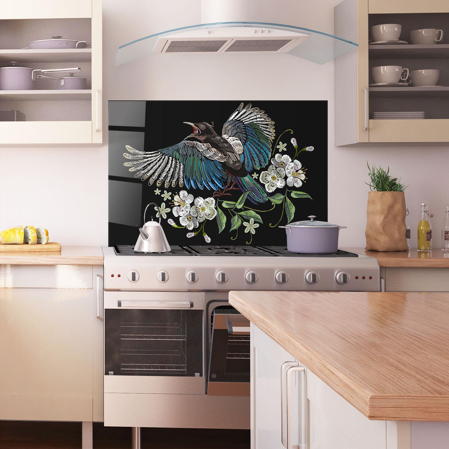 Konyhai üveg hátfal Embroidery Bird mockup 1