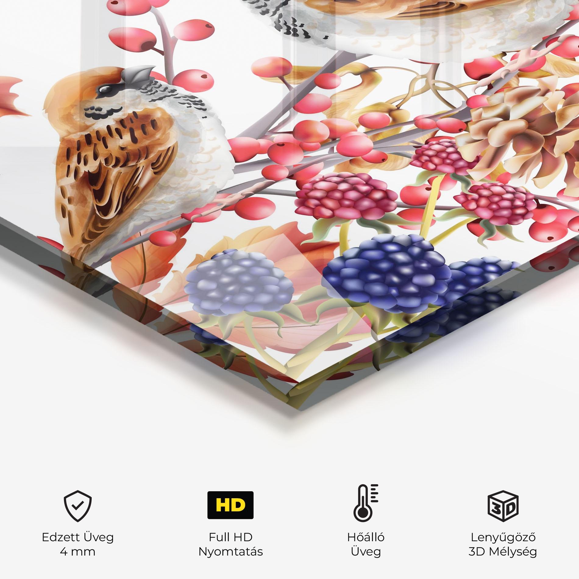 Konyhai üveg hátfal Birds And Berries mockup 2