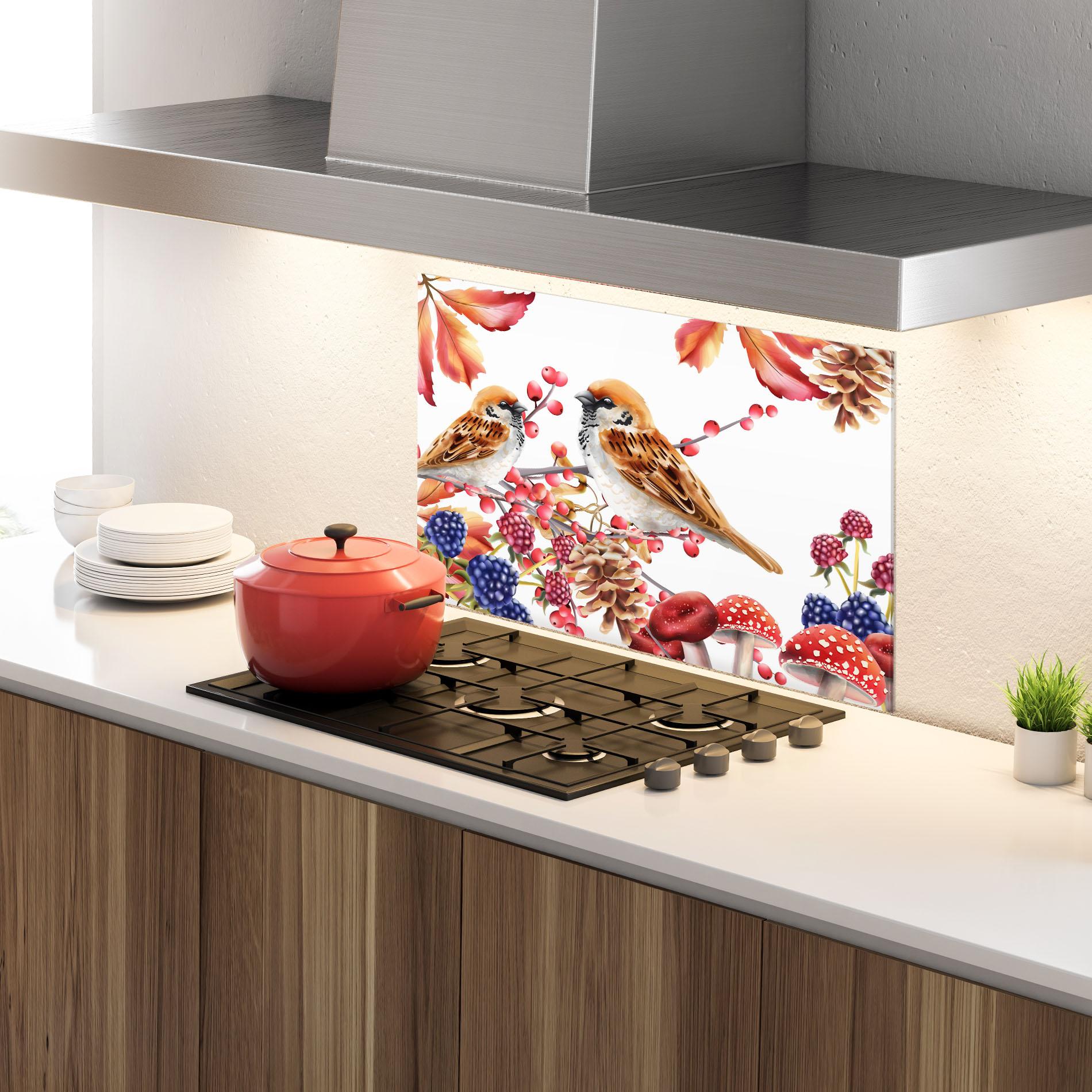 Konyhai üveg hátfal Birds And Berries mockup 4