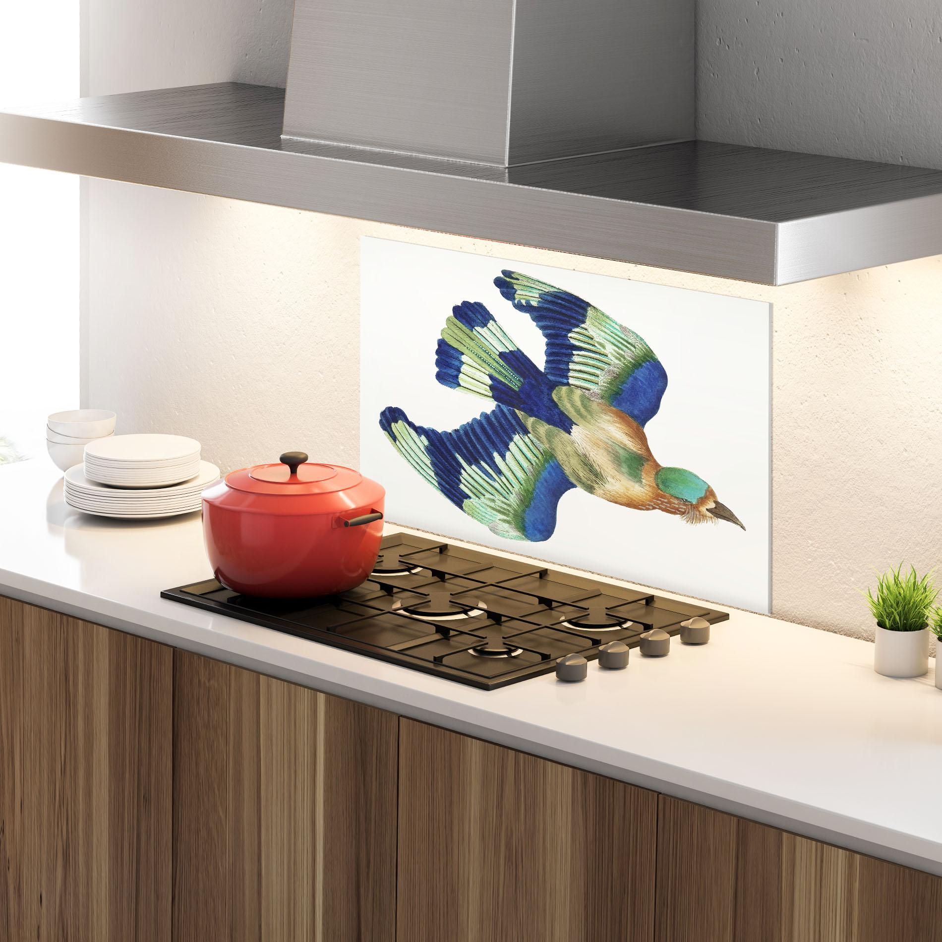 Konyhai üveg hátfal Green Blue Bird mockup 4