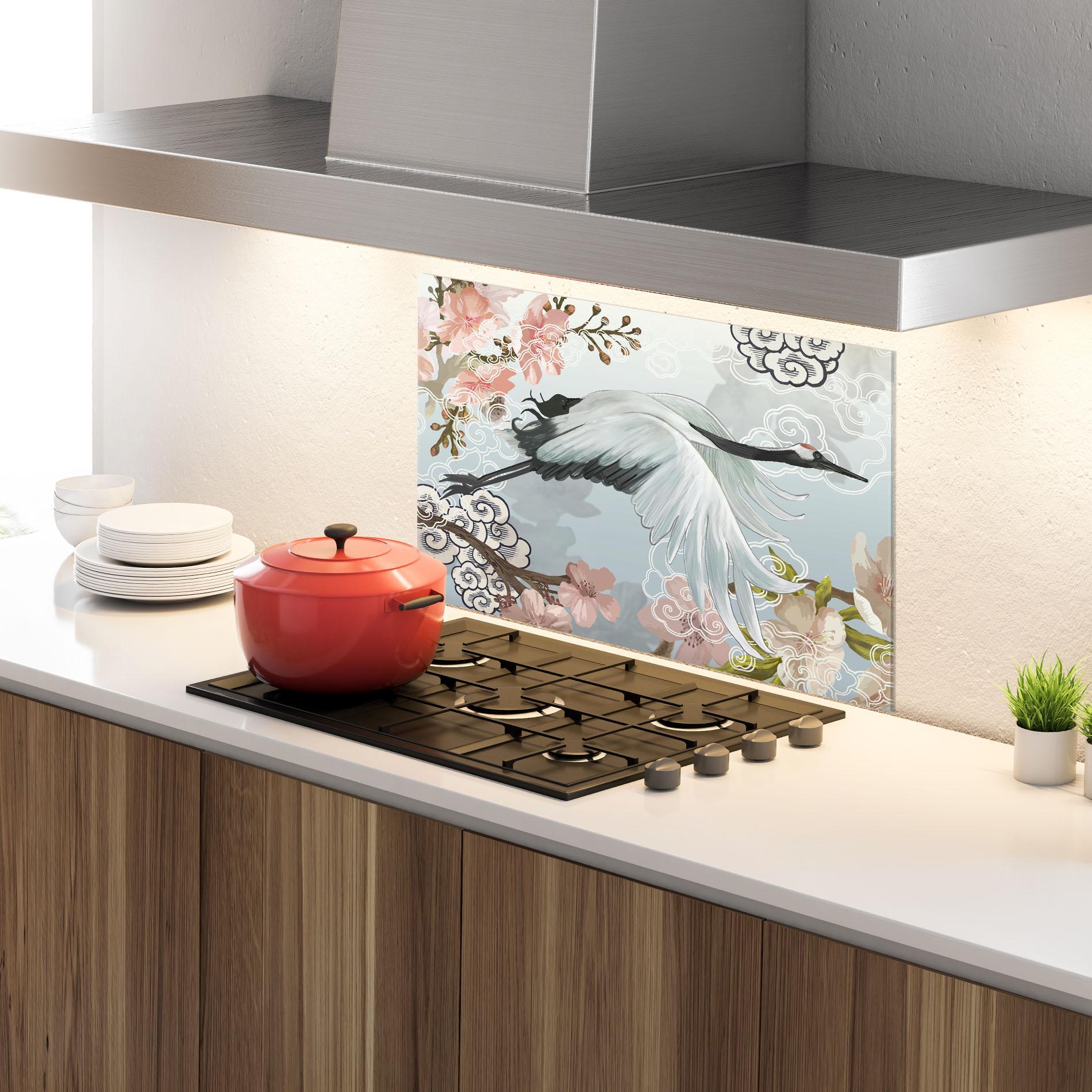 Konyhai üveg hátfal Japanese Crane mockup 4