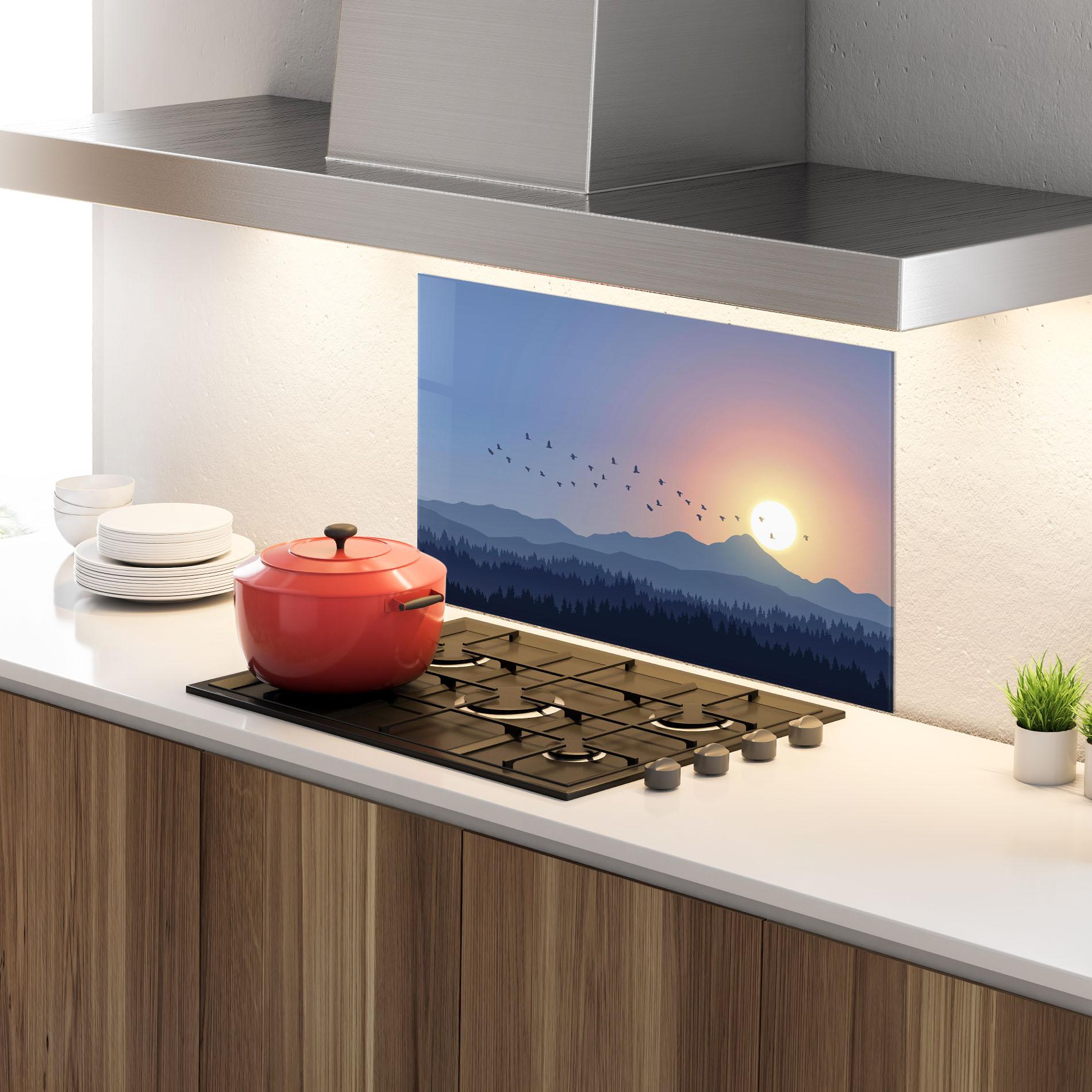 Konyhai üveg hátfal Sunset Birds View mockup 4
