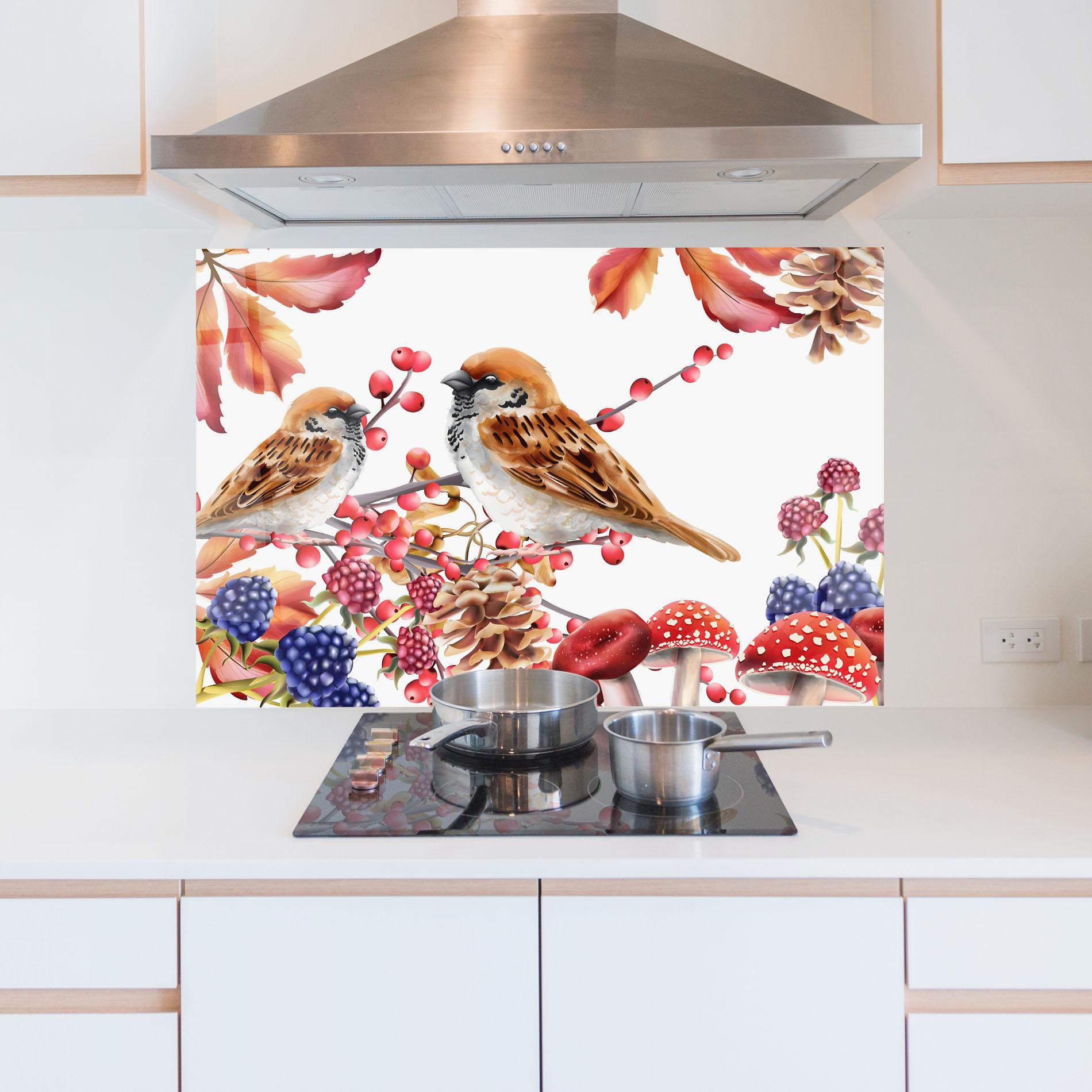 Konyhai üveg hátfal Birds And Berries mockup 5
