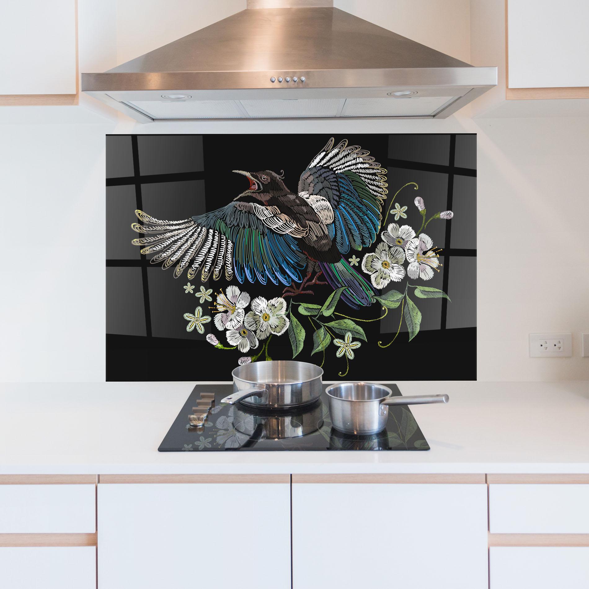 Konyhai üveg hátfal Embroidery Bird mockup 5