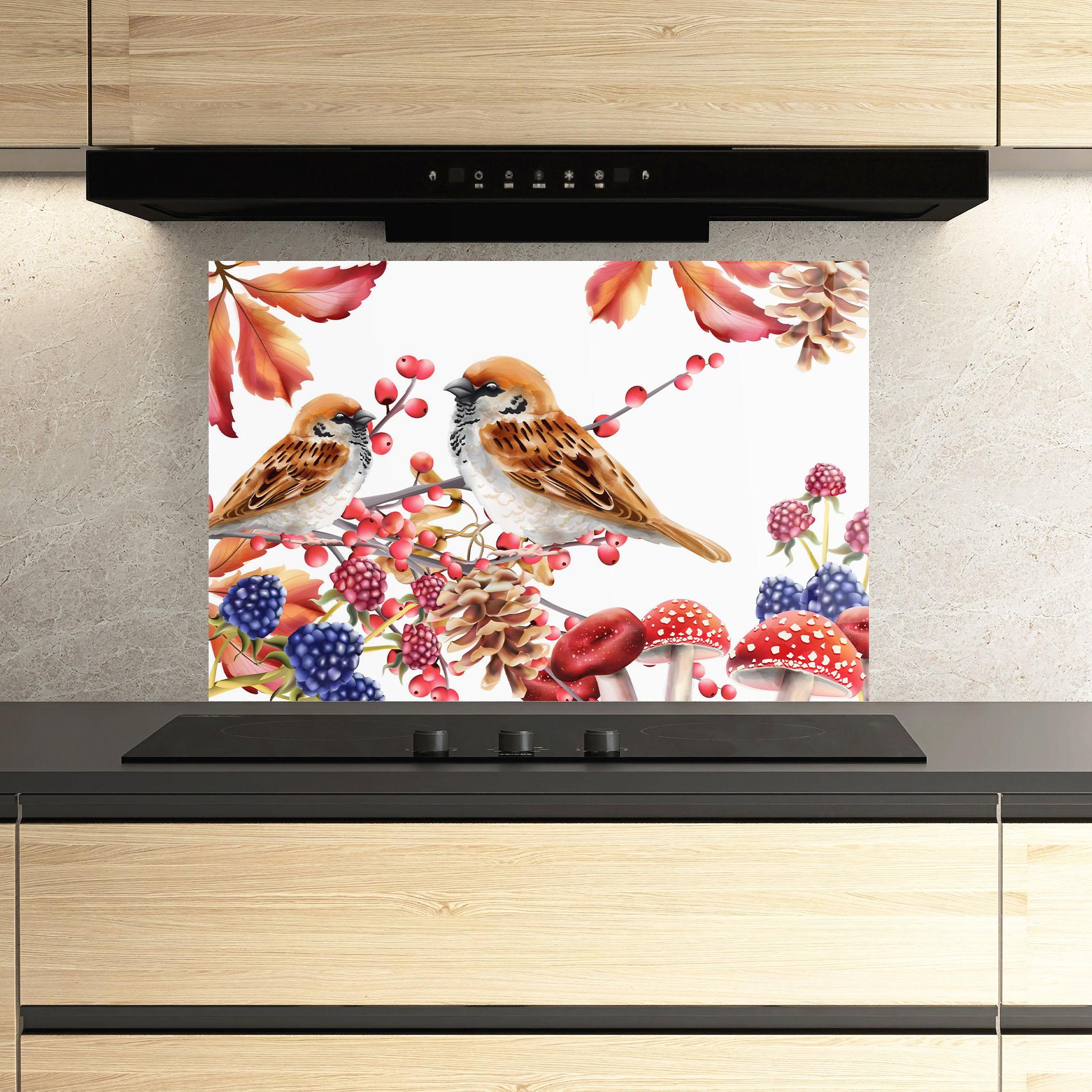 Konyhai üveg hátfal Birds And Berries mockup 3