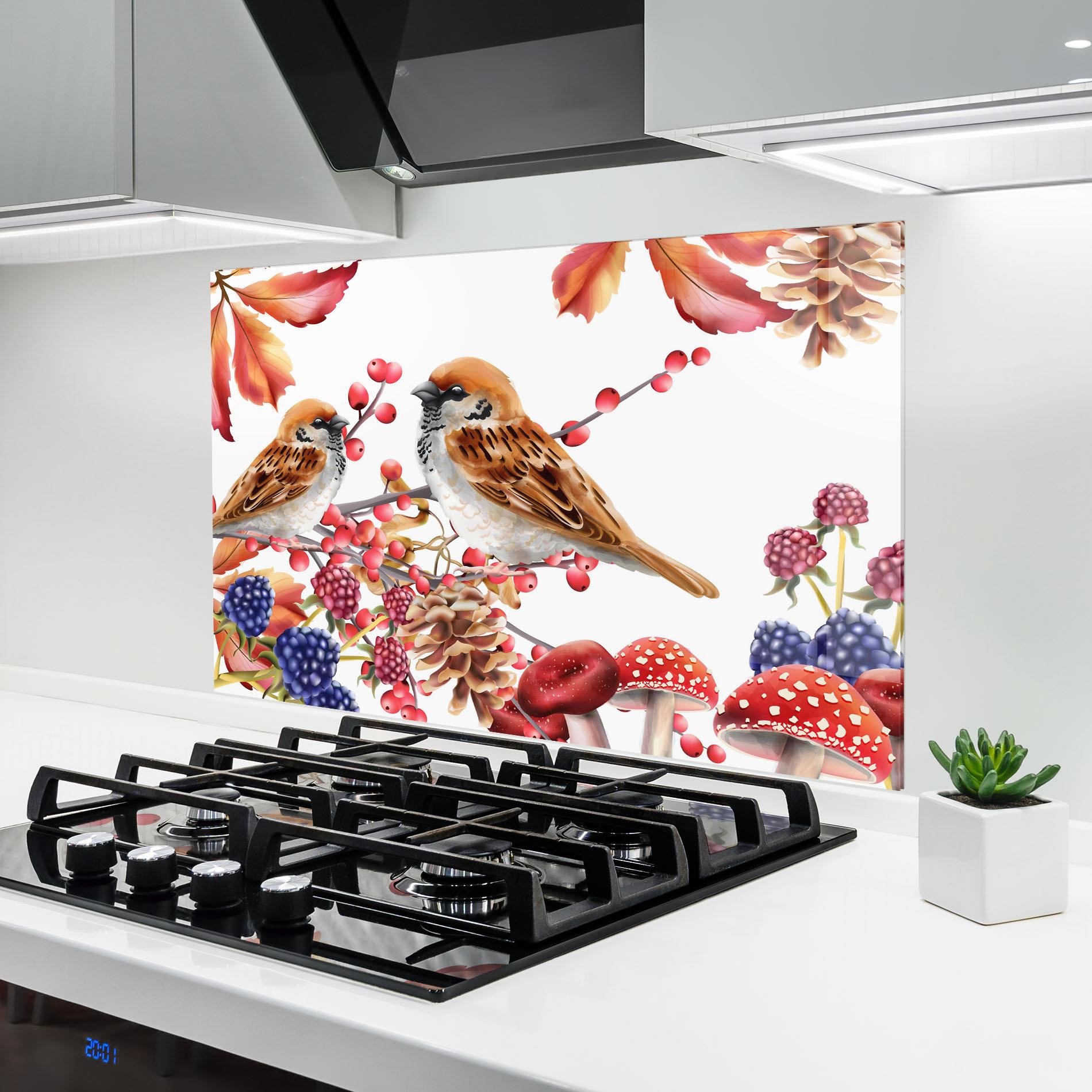 Konyhai üveg hátfal Birds And Berries mockup 6