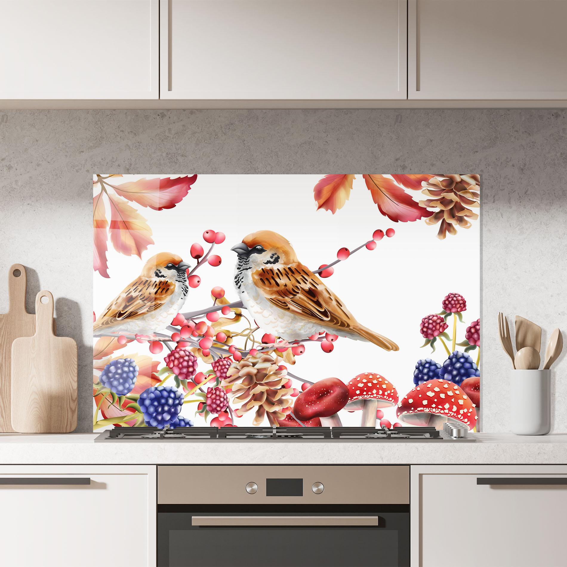 Konyhai üveg hátfal Birds And Berries mockup 7