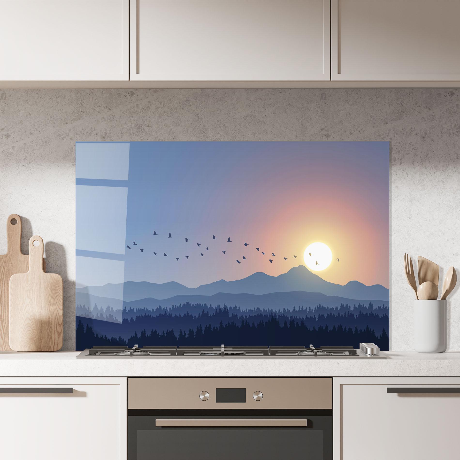 Konyhai üveg hátfal Sunset Birds View mockup 7