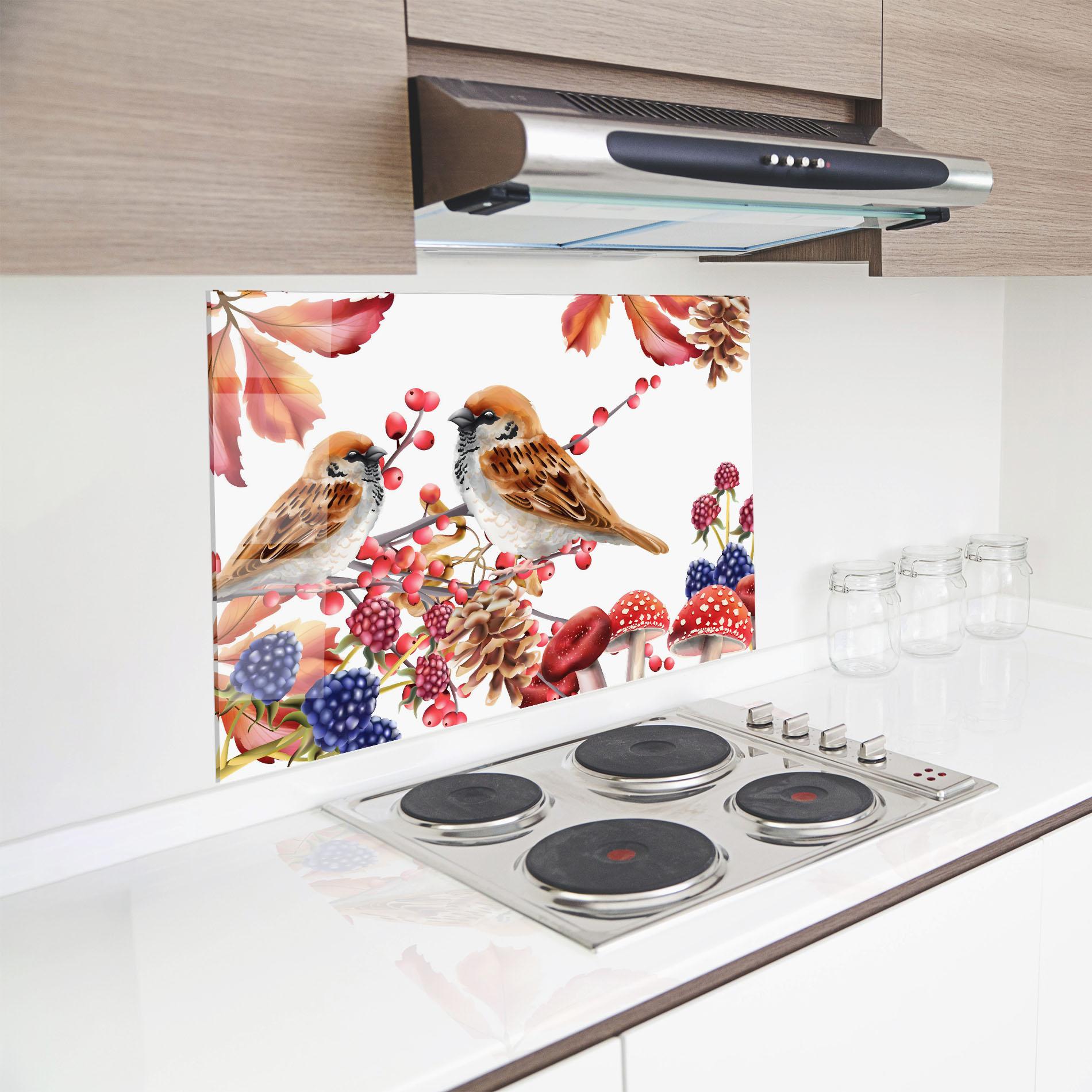 Konyhai üveg hátfal Birds And Berries mockup 8