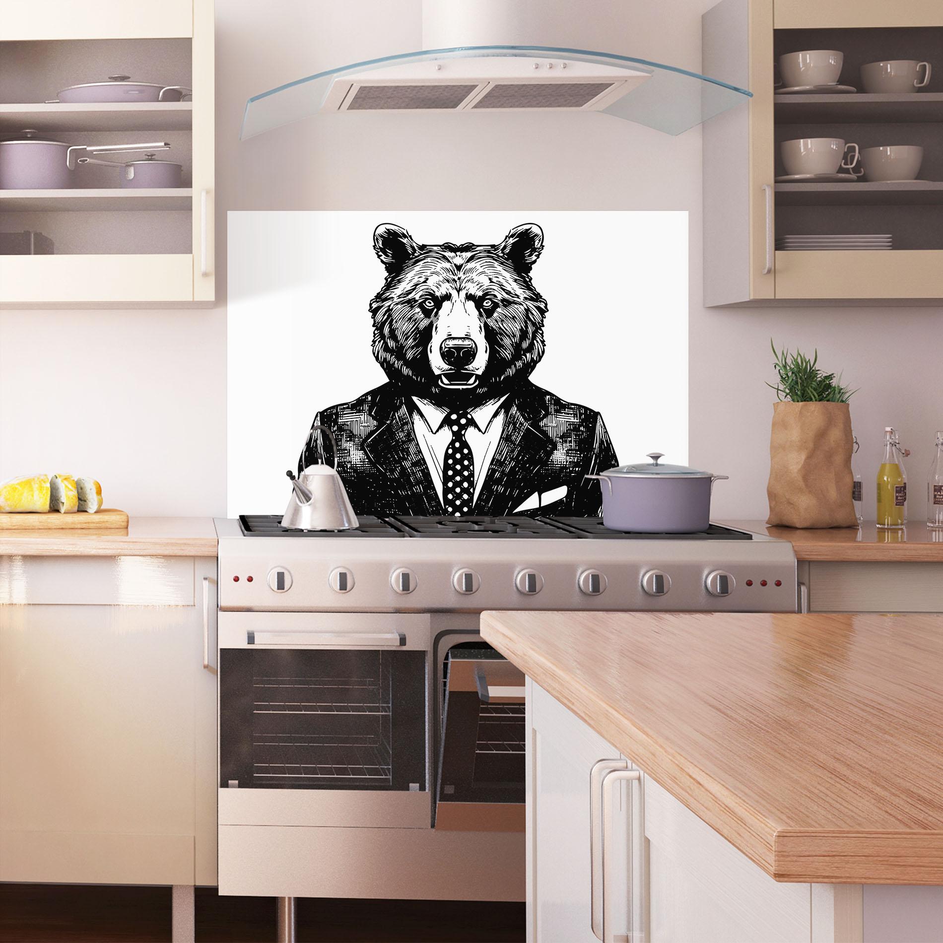 Konyhai üveg hátfal Bear In Suit mockup 1