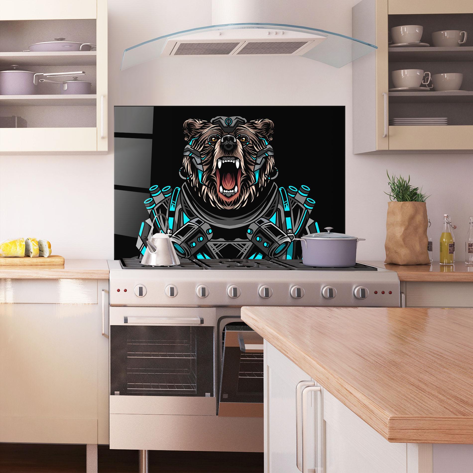 Konyhai üveg hátfal Black Cyborg Bear mockup 1