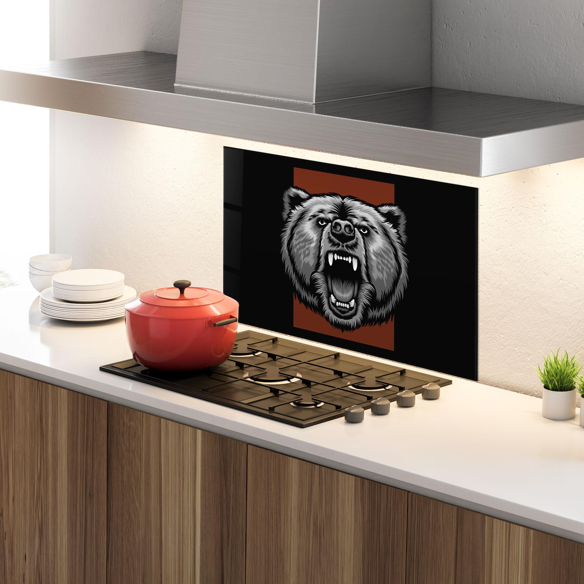 Konyhai üveg hátfal Grey Bear Head mockup 4