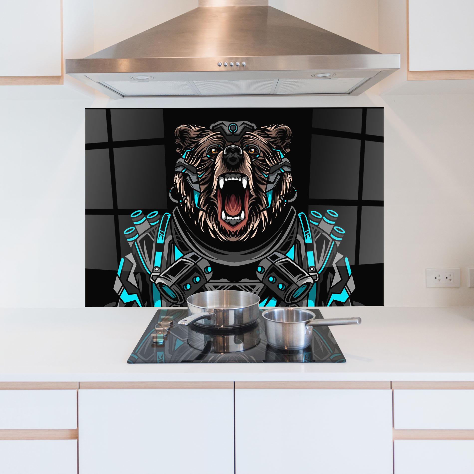 Konyhai üveg hátfal Black Cyborg Bear mockup 5